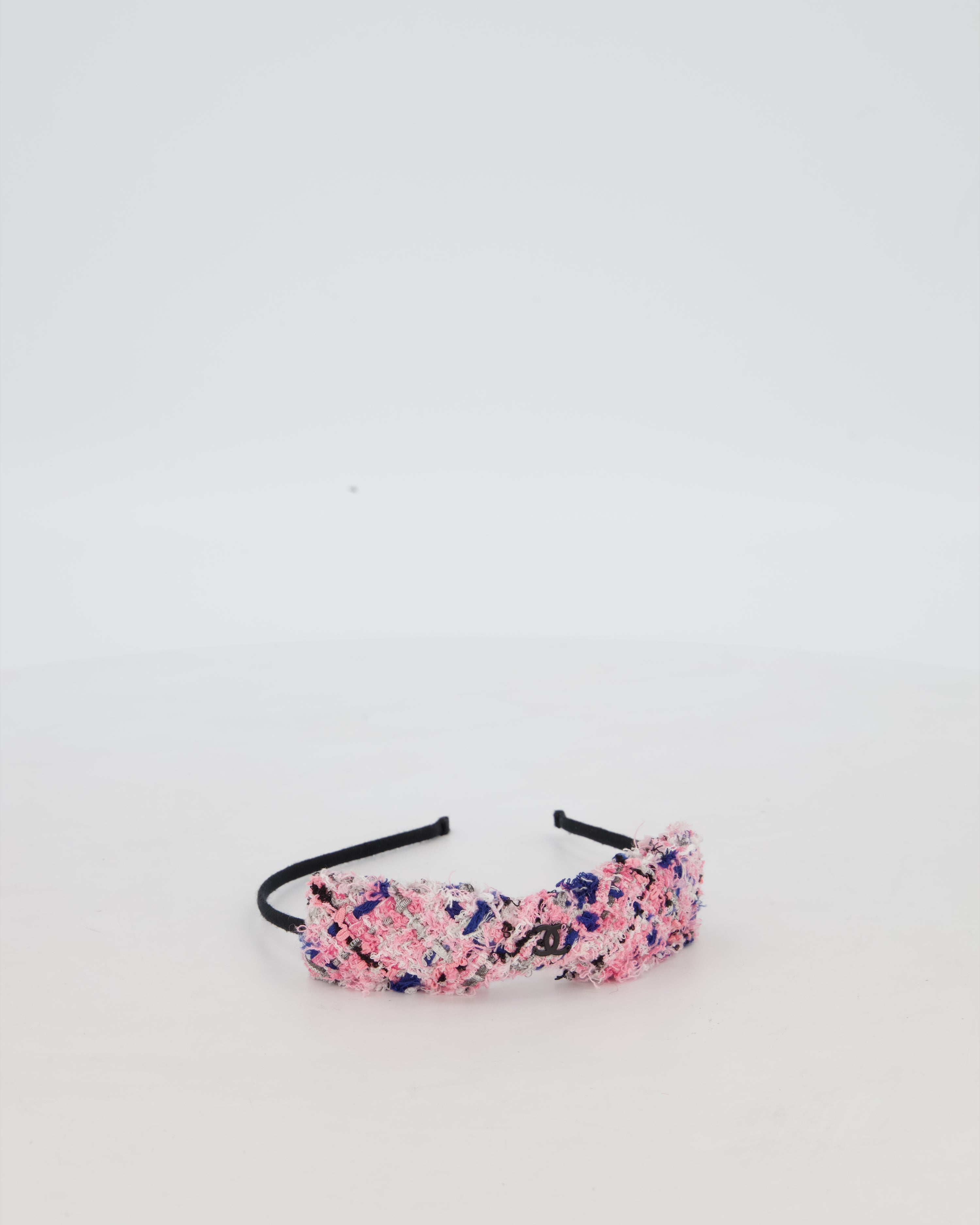 Chanel Multi Colour Tweed Headband with Black Metal Logo