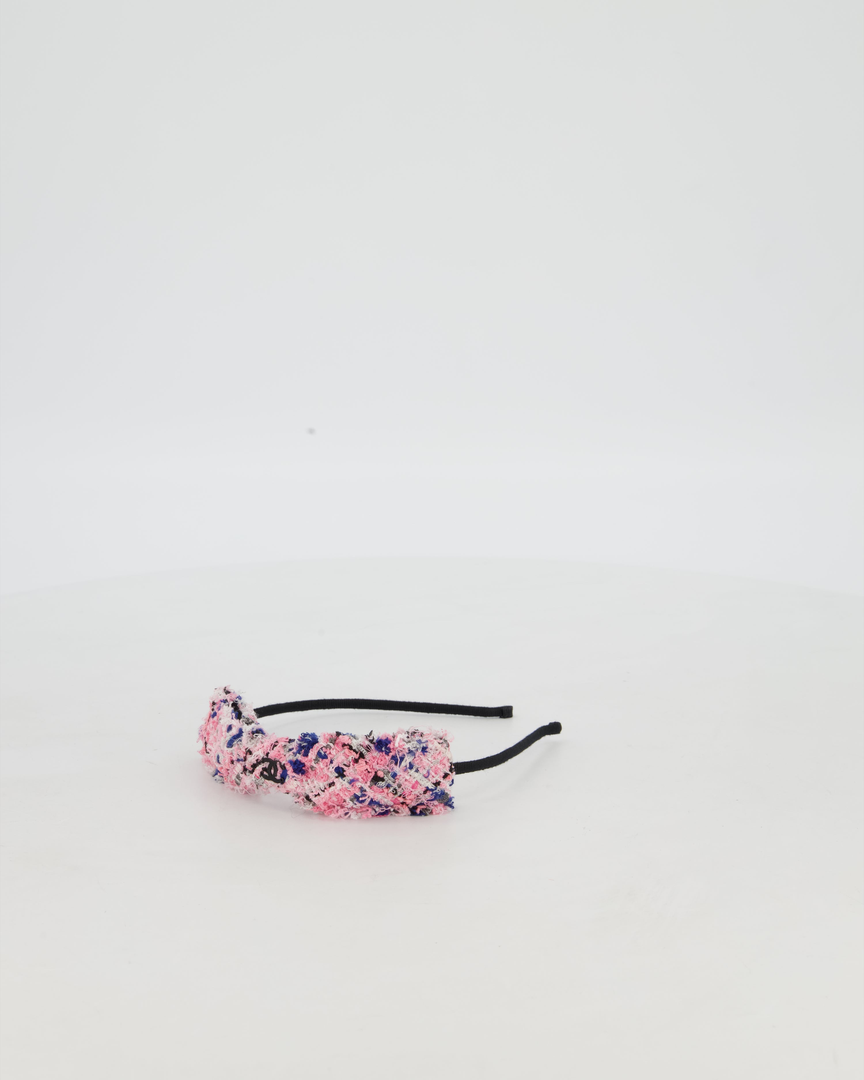 Chanel Multi Colour Tweed Headband with Black Metal Logo