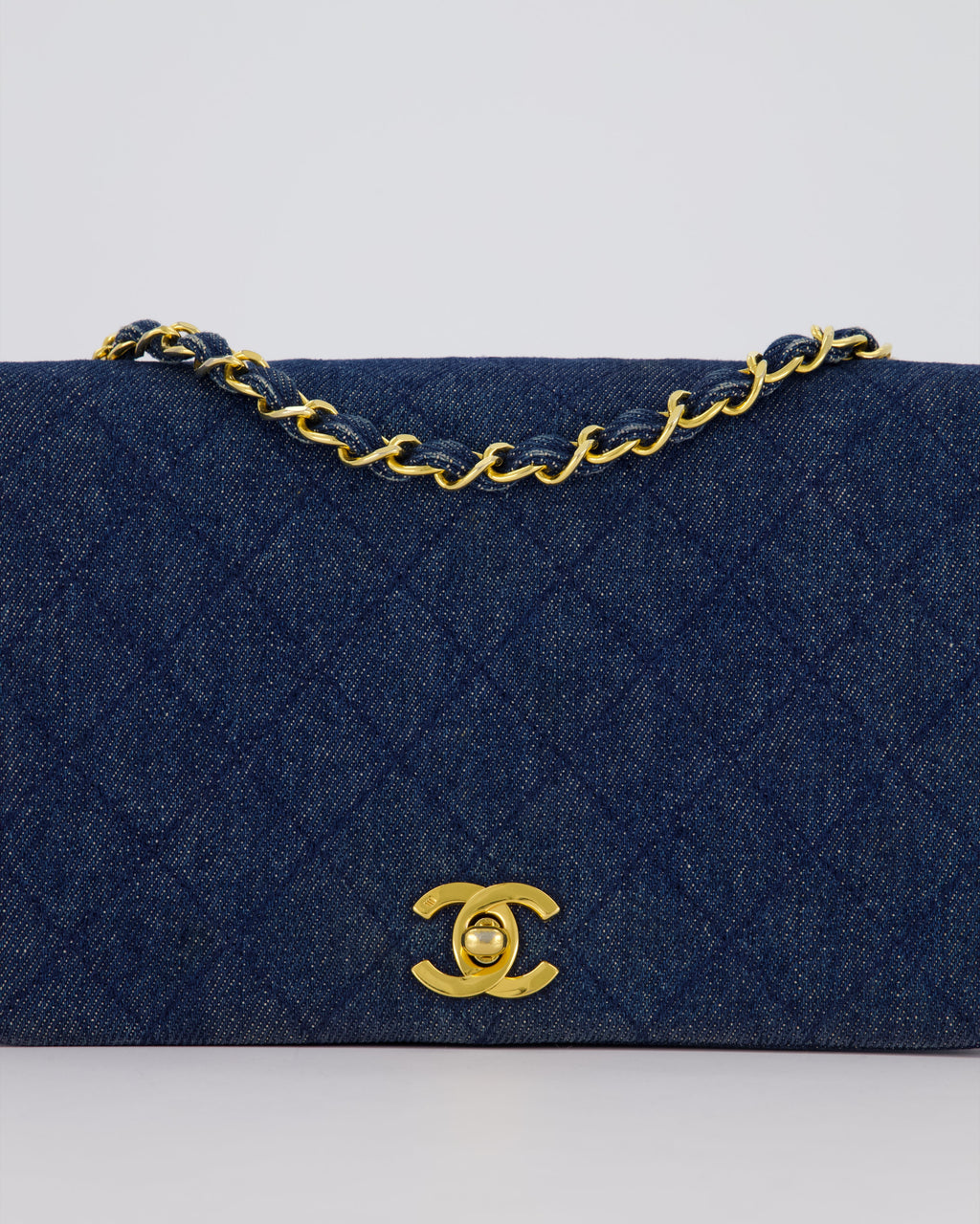 Chanel Vintage Single Chain Flap Bag in Quilted Denim with 24K Gold Hardware