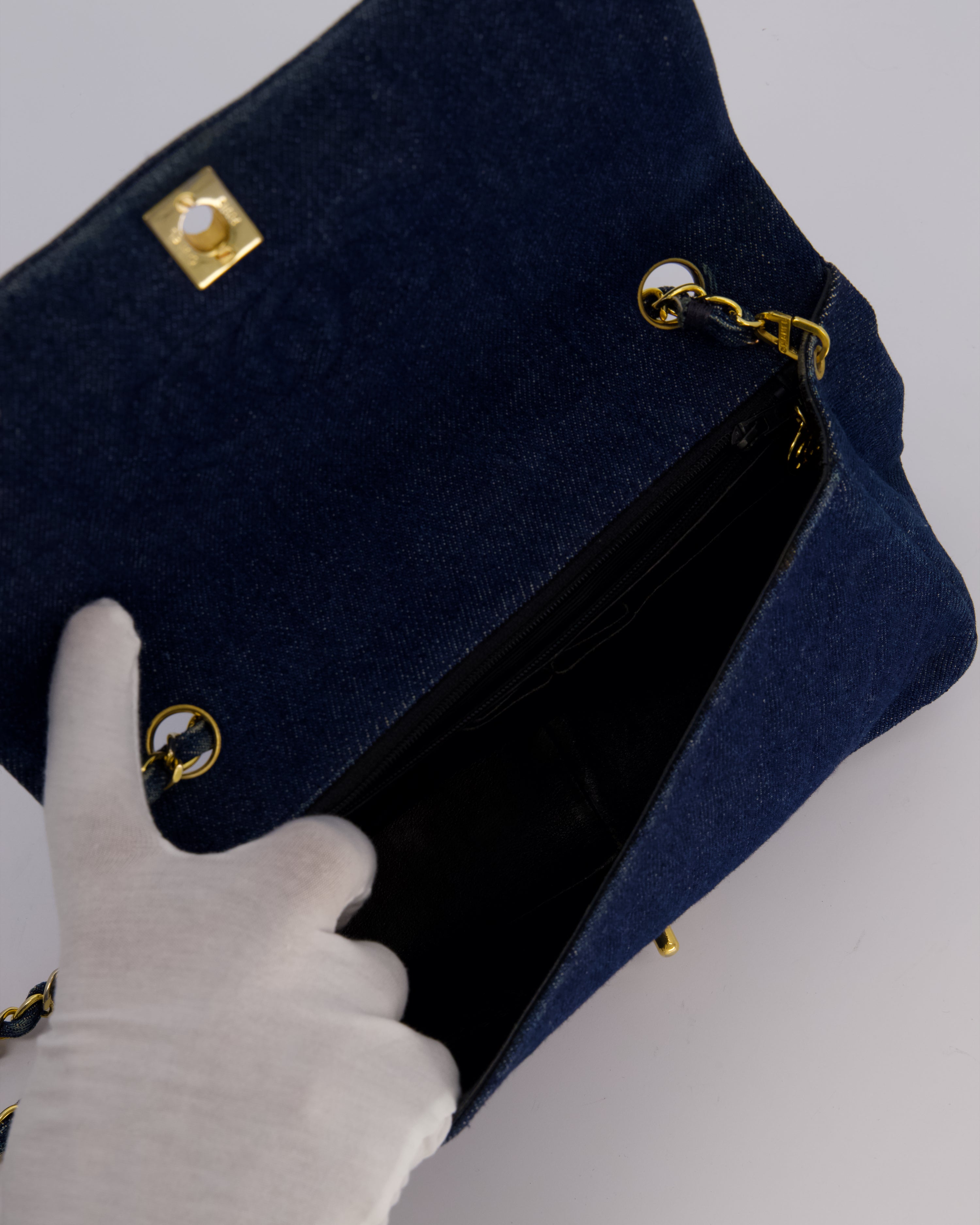 Chanel Vintage Single Chain Flap Bag in Quilted Denim with 24K Gold Hardware
