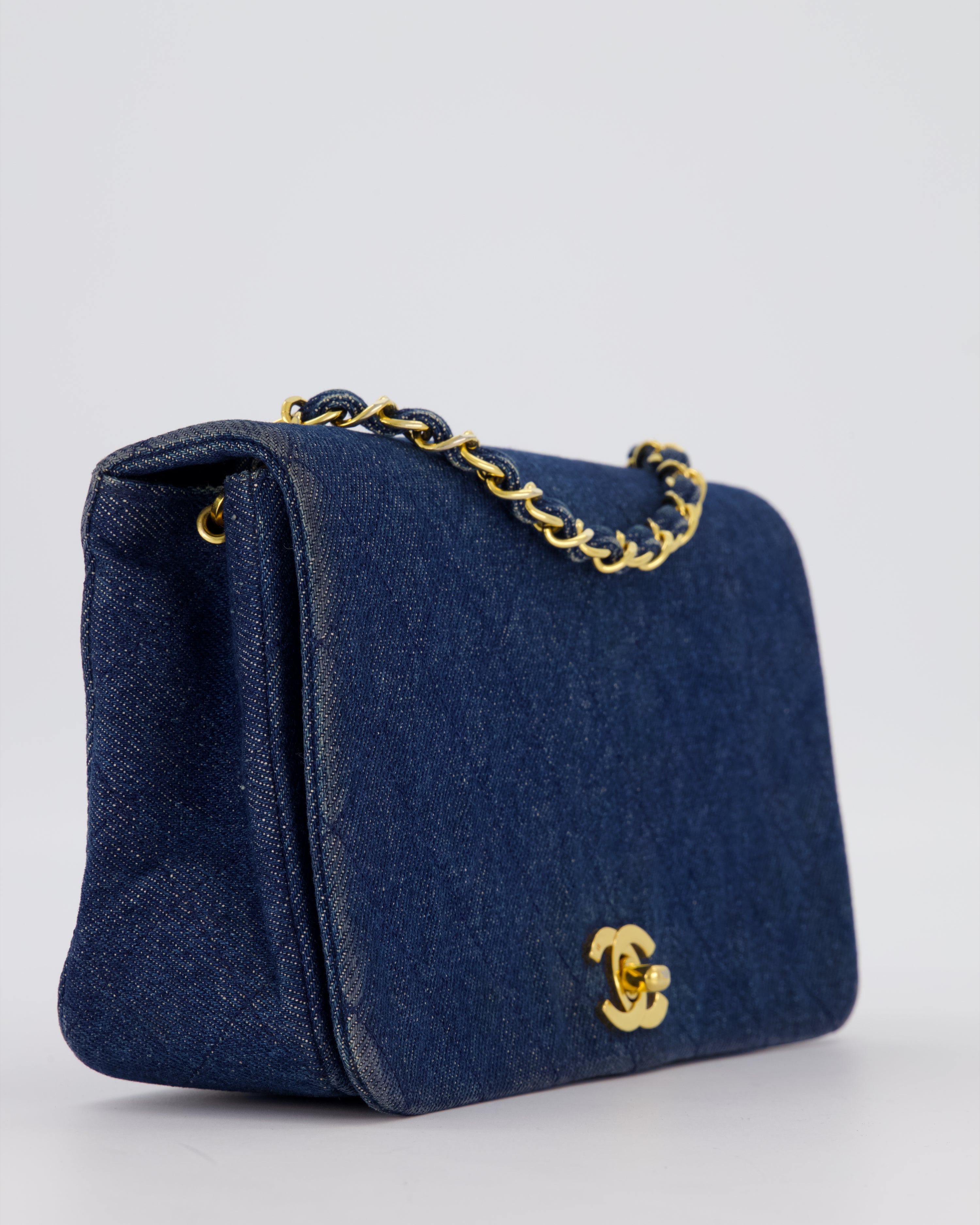 Chanel Vintage Single Chain Flap Bag in Quilted Denim with 24K Gold Hardware