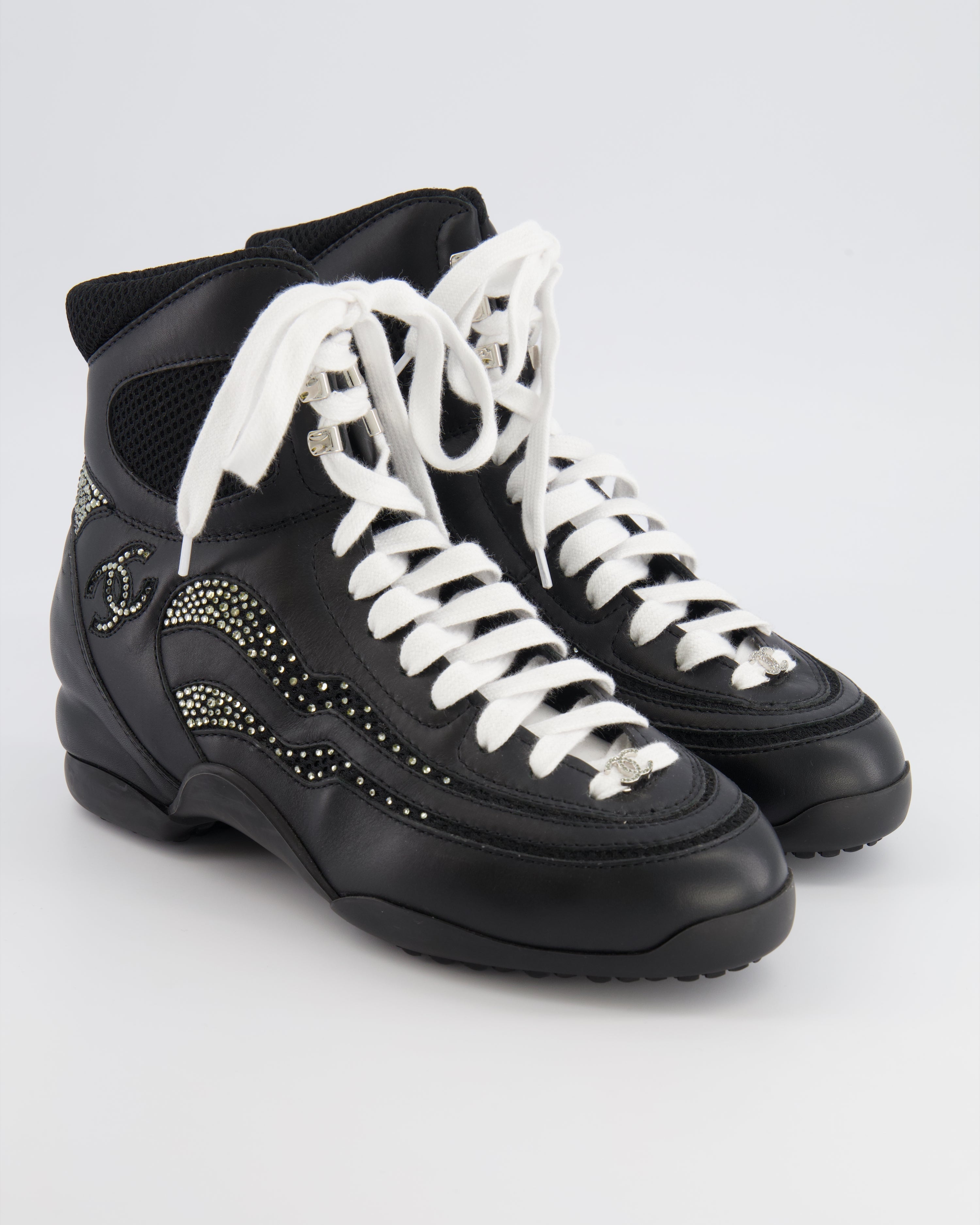 Chanel 23N Coco Neige Black Leather High-Top Sneakers with Crystal CC Logo Embellishments Size EU 39