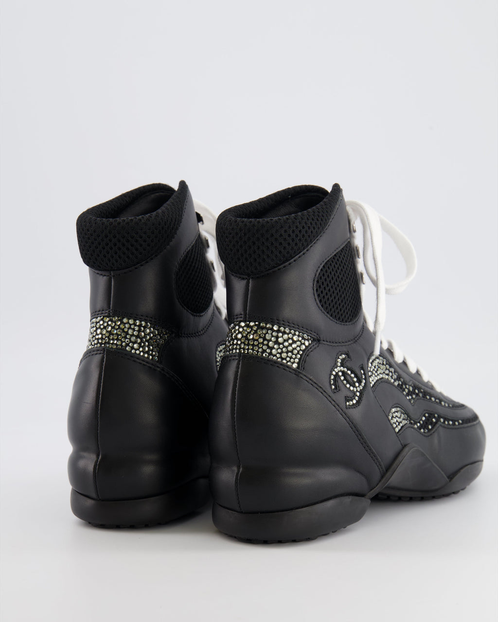 Chanel 23N Coco Neige Black Leather High-Top Sneakers with Crystal CC Logo Embellishments Size EU 39