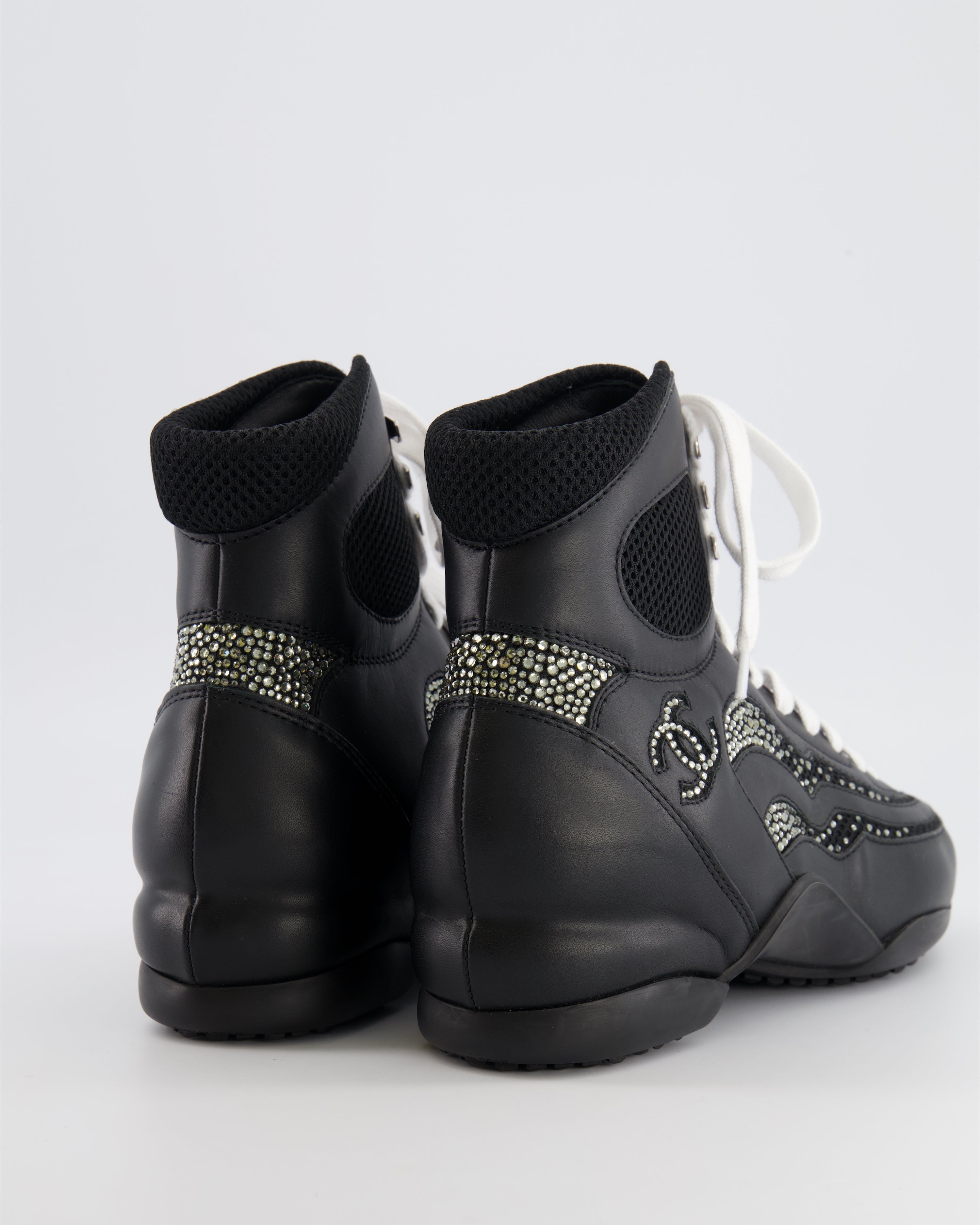 Chanel 23N Coco Neige Black Leather High-Top Sneakers with Crystal CC Logo Embellishments Size EU 39