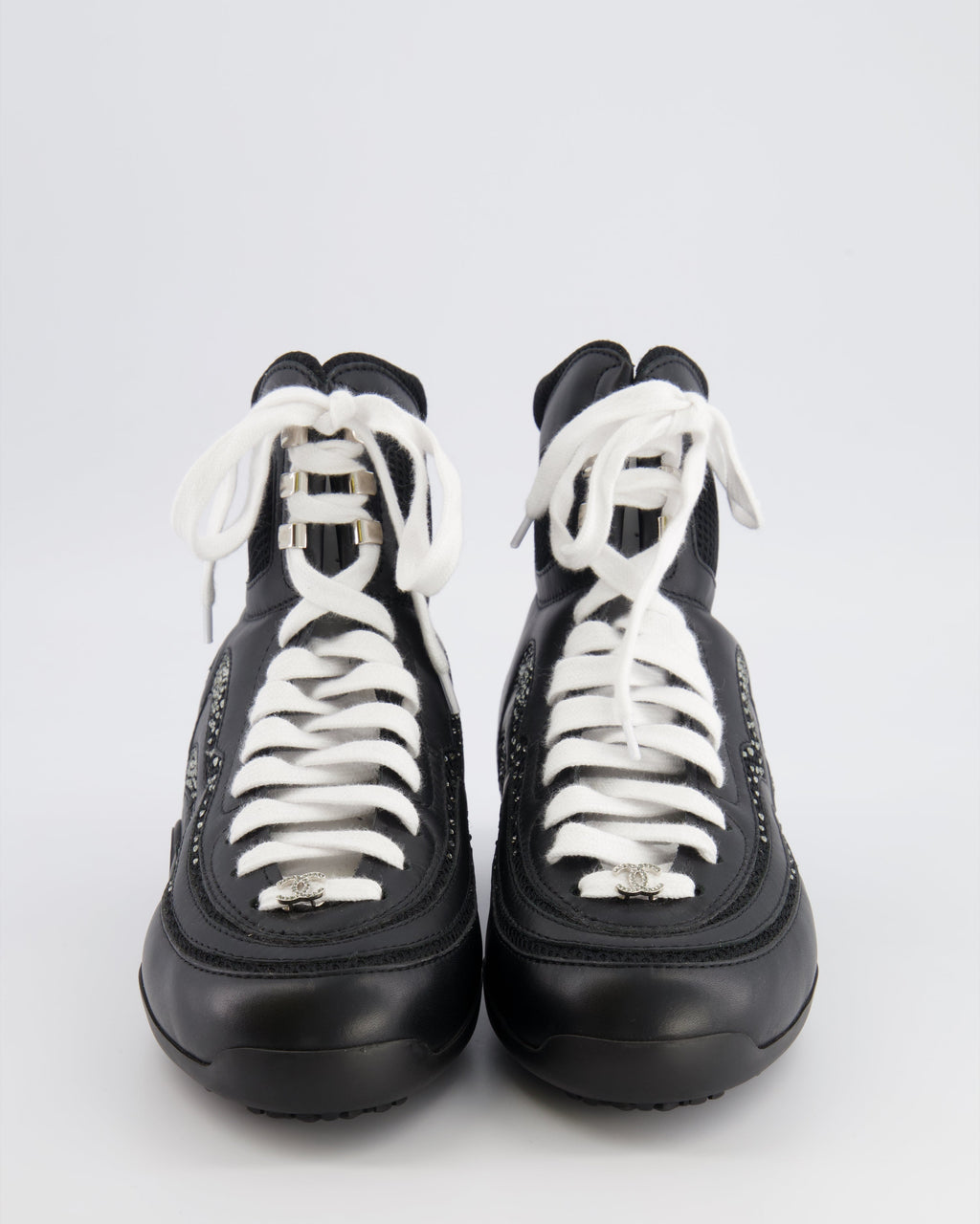 Chanel 23N Coco Neige Black Leather High-Top Sneakers with Crystal CC Logo Embellishments Size EU 39