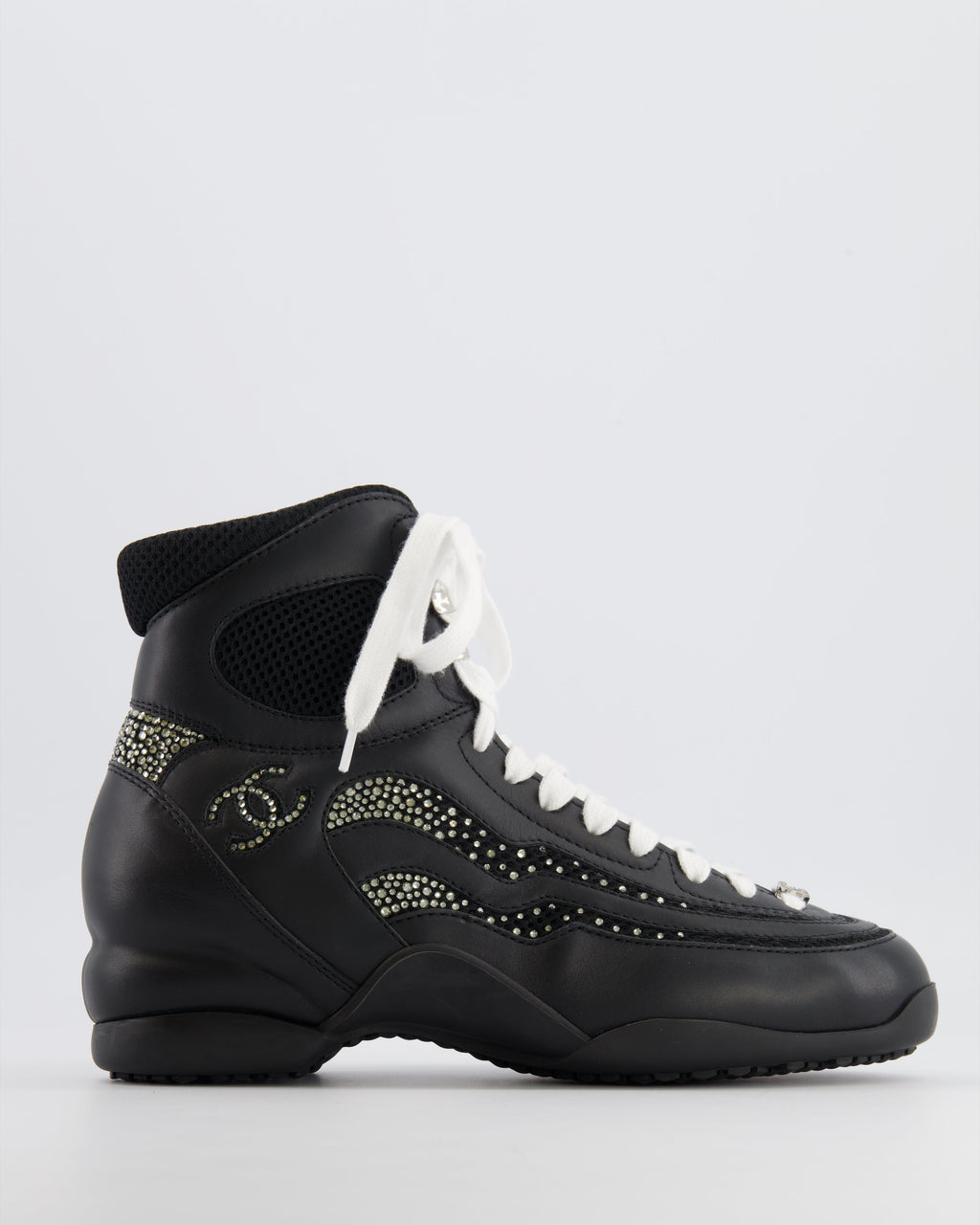 Chanel 23N Coco Neige Black Leather High-Top Sneakers with Crystal CC Logo Embellishments Size EU 39