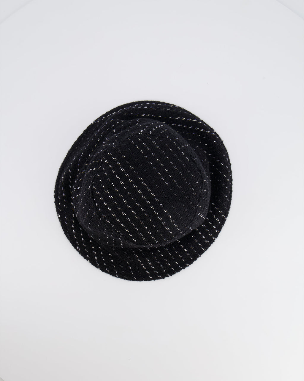 Chanel Black and Silver Tweed Bucket Hat with Black CC Logo Size M