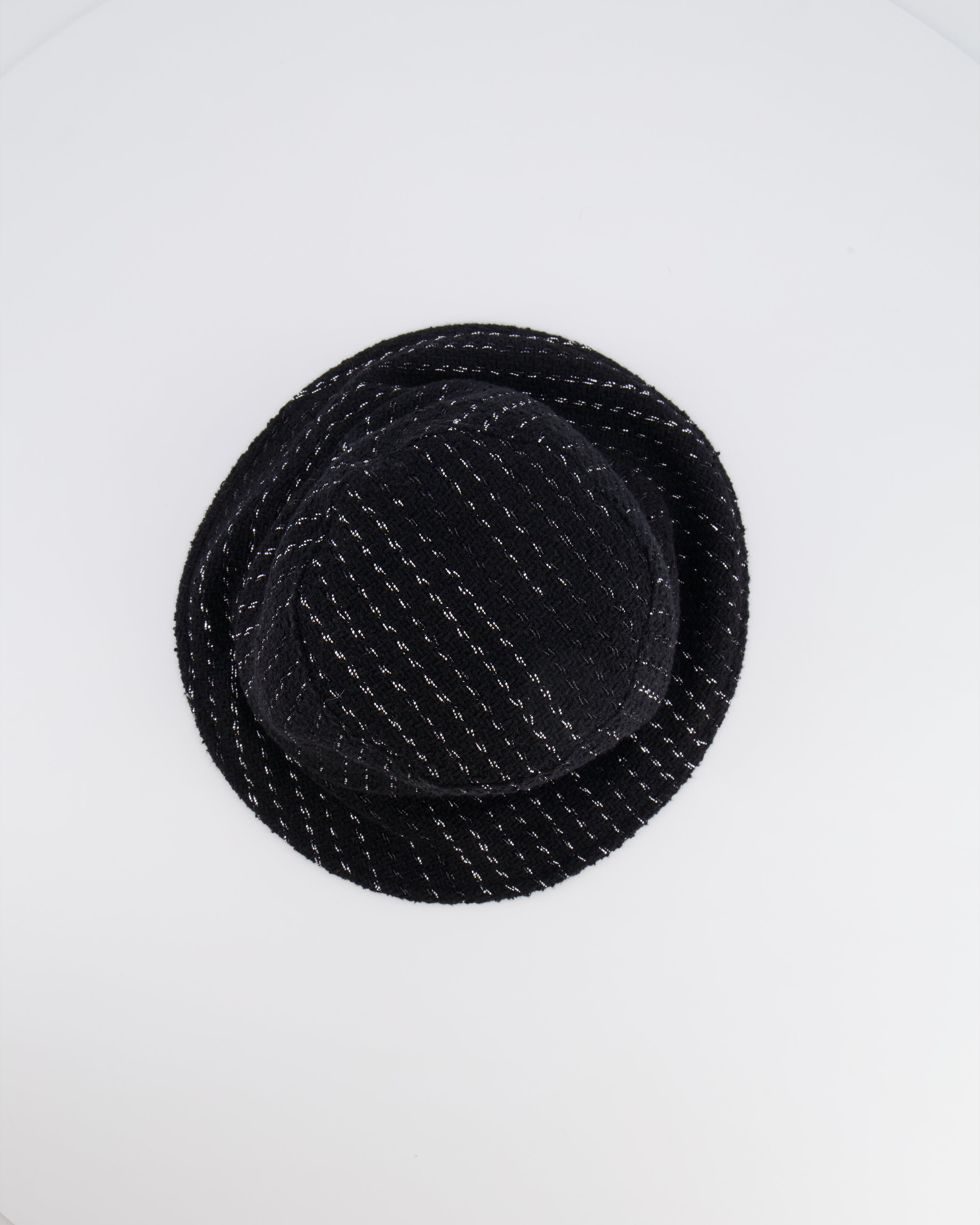 Chanel Black and Silver Tweed Bucket Hat with Black CC Logo Size M