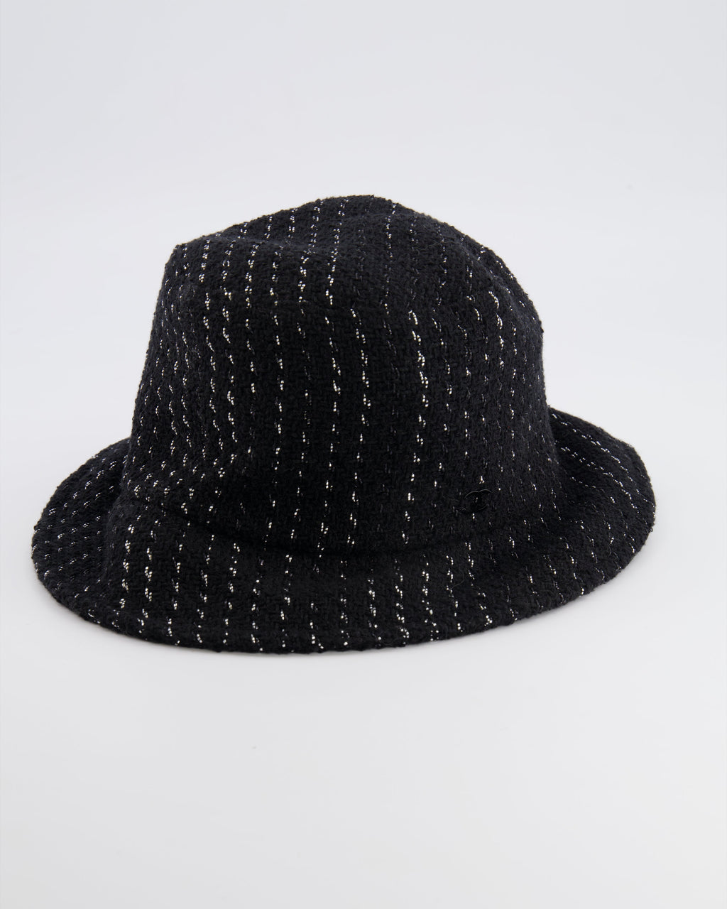 Chanel Black and Silver Tweed Bucket Hat with Black CC Logo Size M