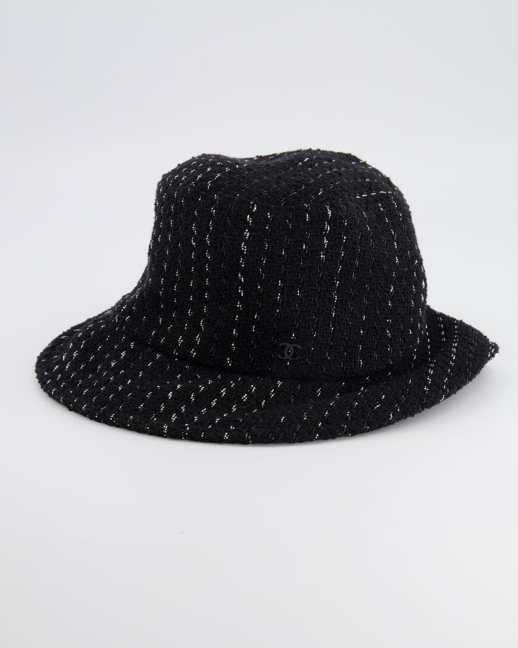 Chanel Black and Silver Tweed Bucket Hat with Black CC Logo Size M