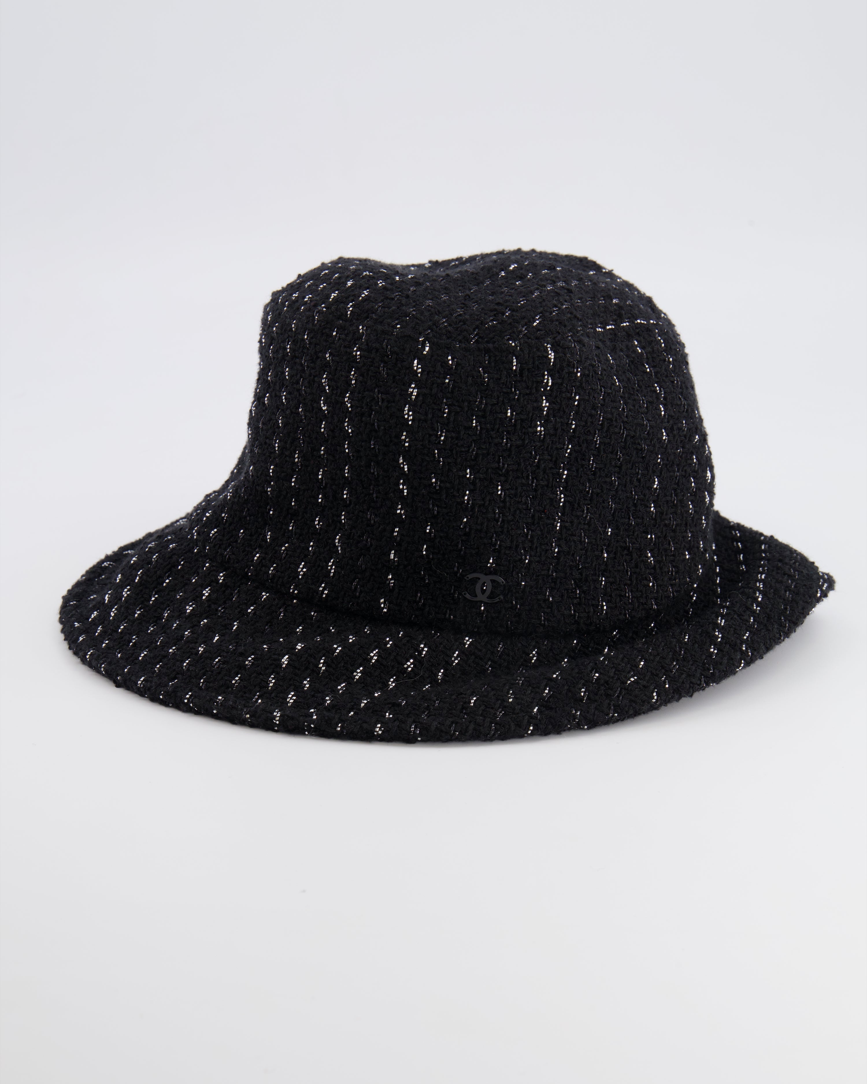 Chanel Black and Silver Tweed Bucket Hat with Black CC Logo Size M