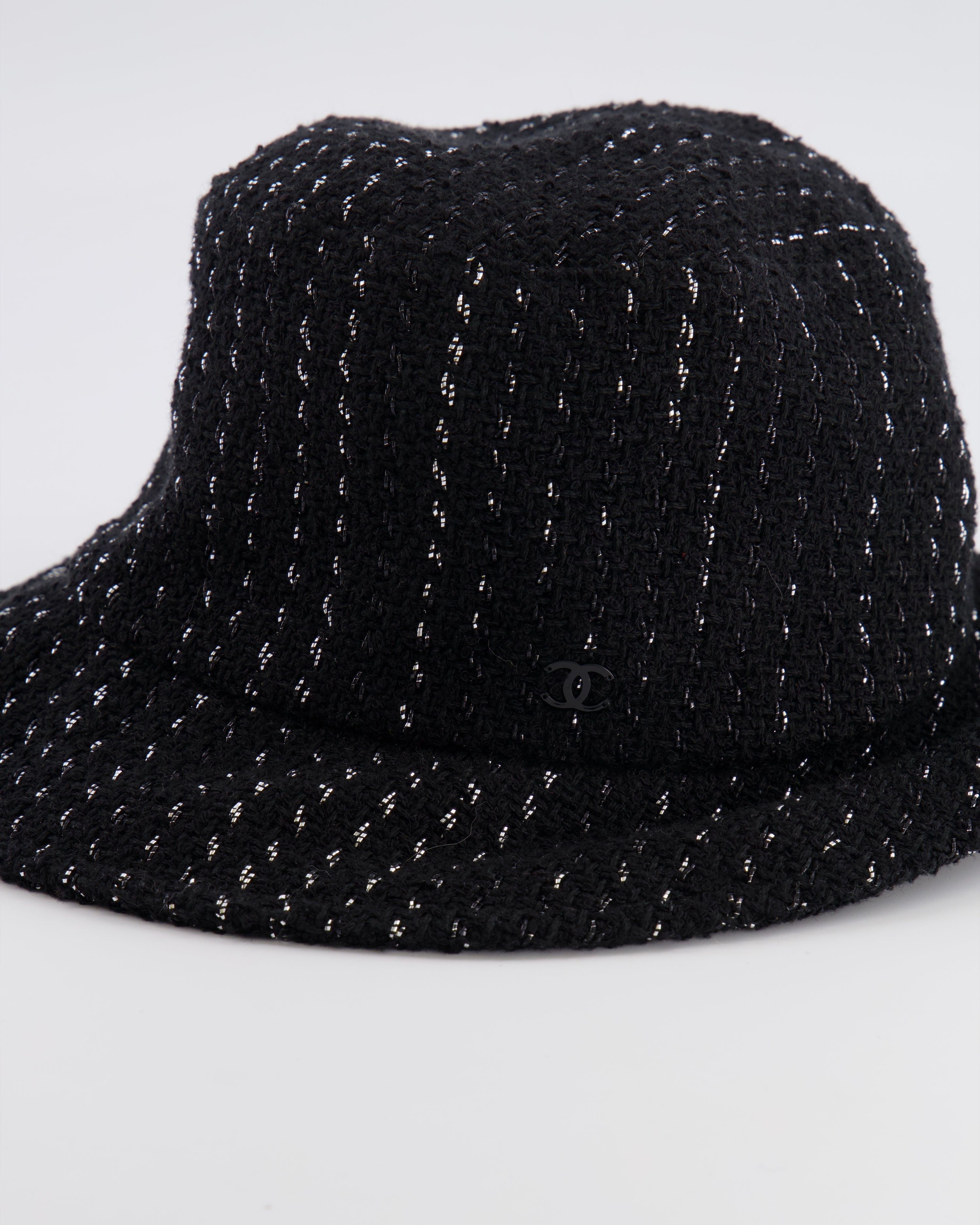 Chanel Black and Silver Tweed Bucket Hat with Black CC Logo Size M