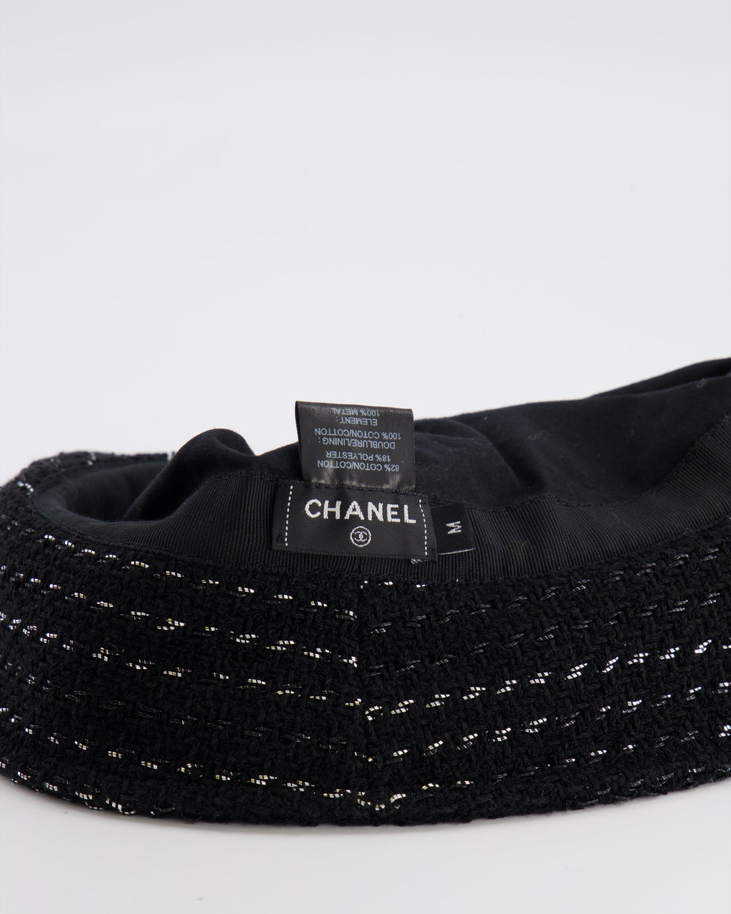Chanel Black and Silver Tweed Bucket Hat with Black CC Logo Size M