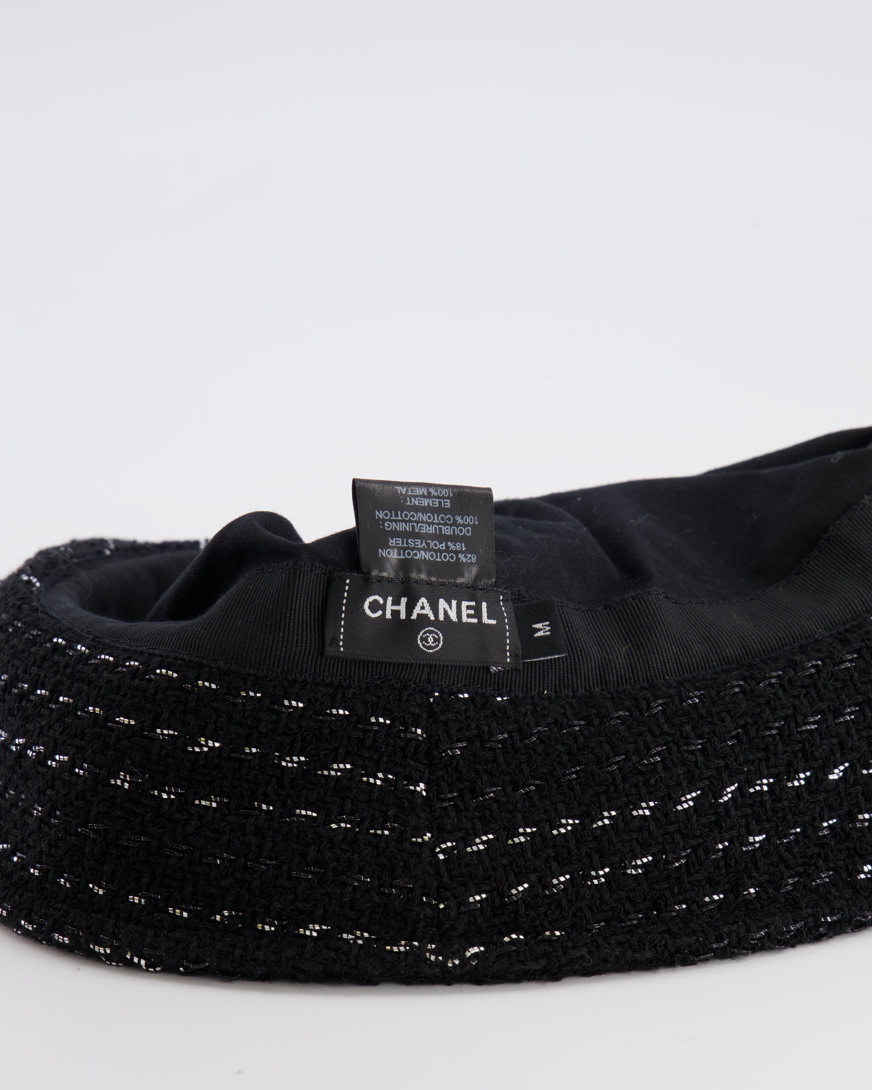 Chanel Black and Silver Tweed Bucket Hat with Black CC Logo Size M