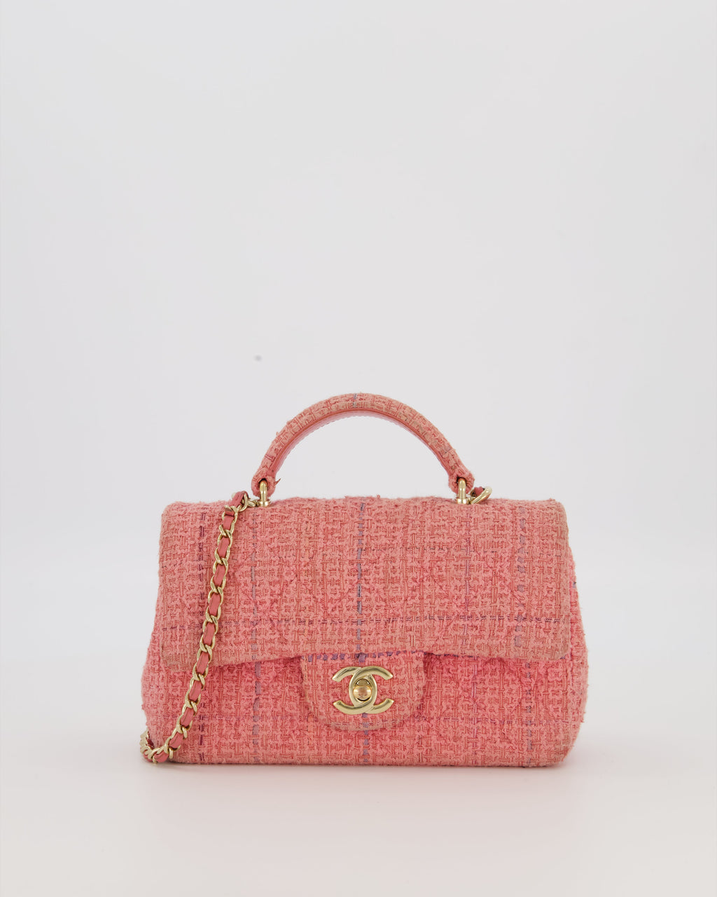 Chanel Top Handle Rectangular Bag in Pink Quilted Tweed with Champagne Gold Hardware