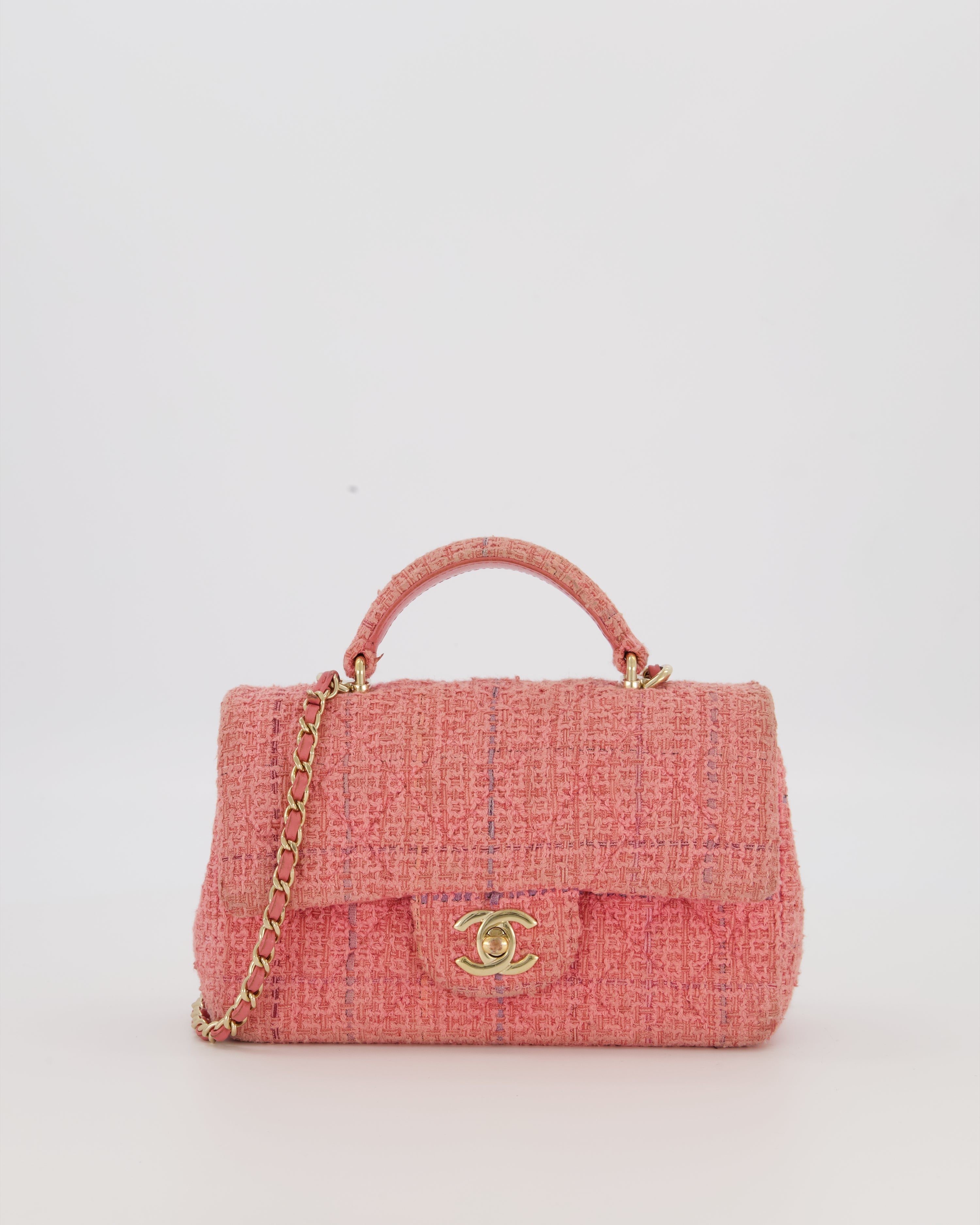 Chanel Top Handle Rectangular Bag in Pink Quilted Tweed with Champagne Gold Hardware