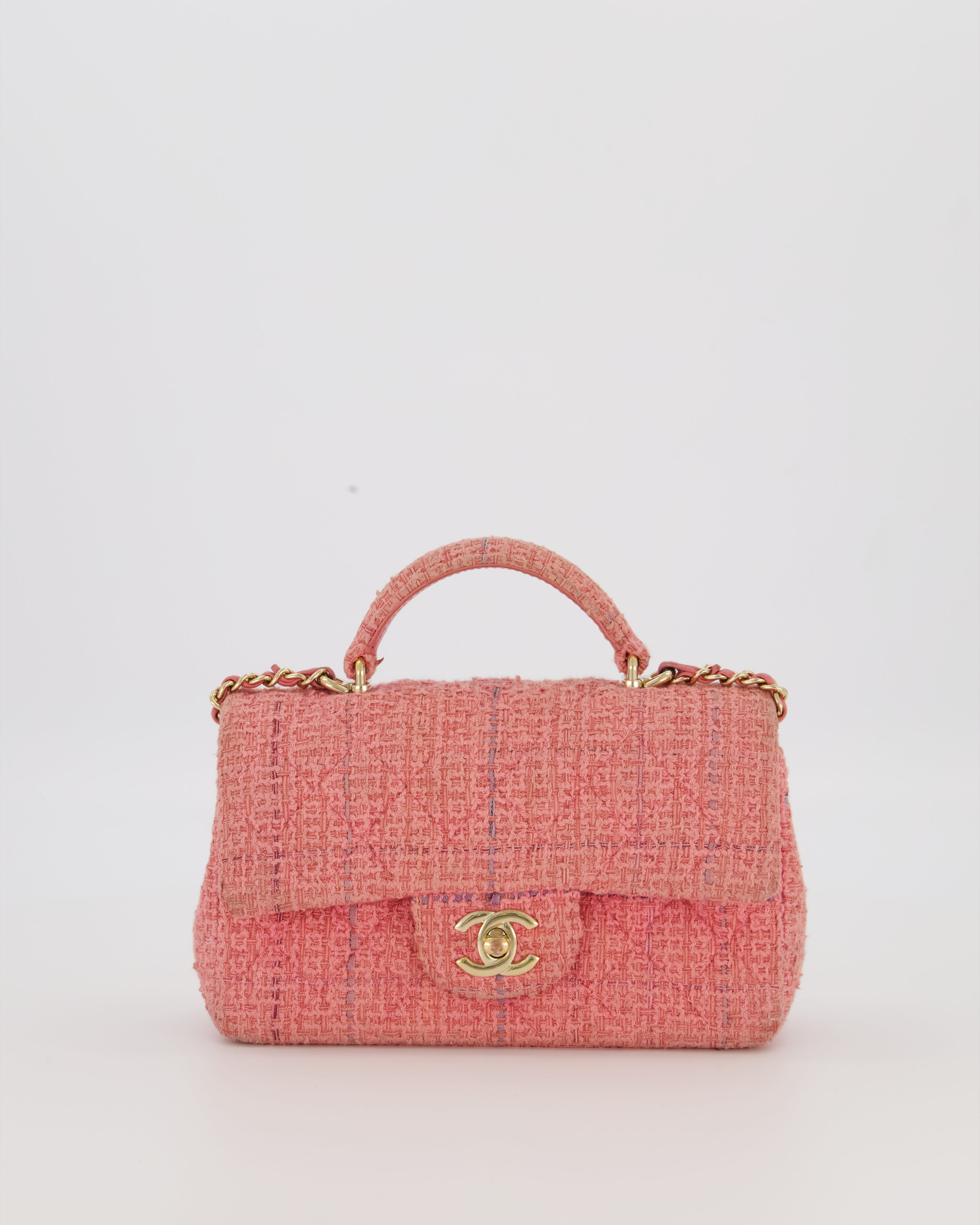 Chanel Top Handle Rectangular Bag in Pink Quilted Tweed with Champagne Gold Hardware