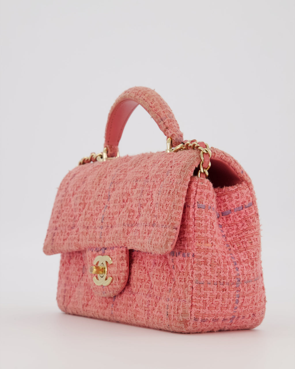 Chanel Top Handle Rectangular Bag in Pink Quilted Tweed with Champagne Gold Hardware