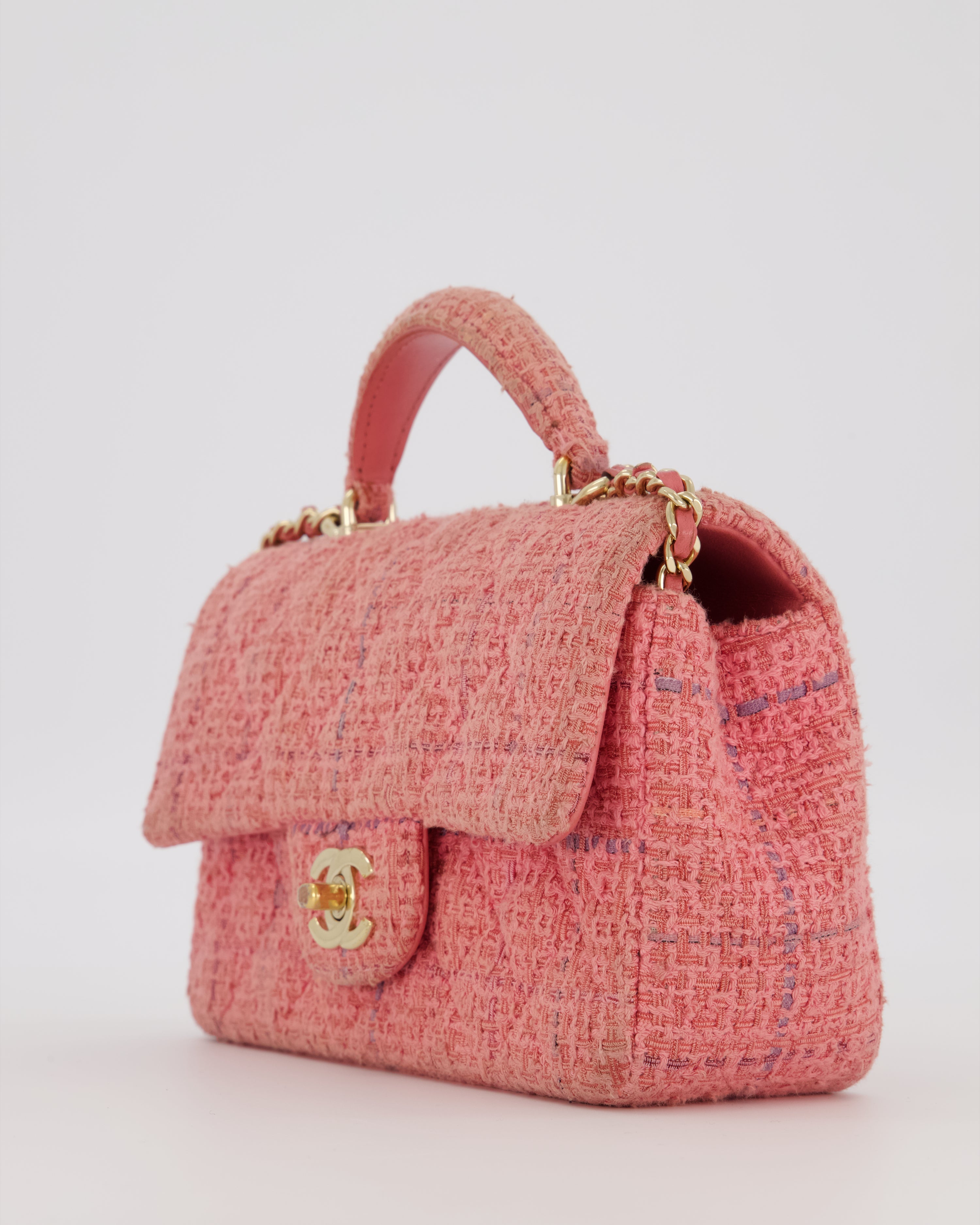 Chanel Top Handle Rectangular Bag in Pink Quilted Tweed with Champagne Gold Hardware
