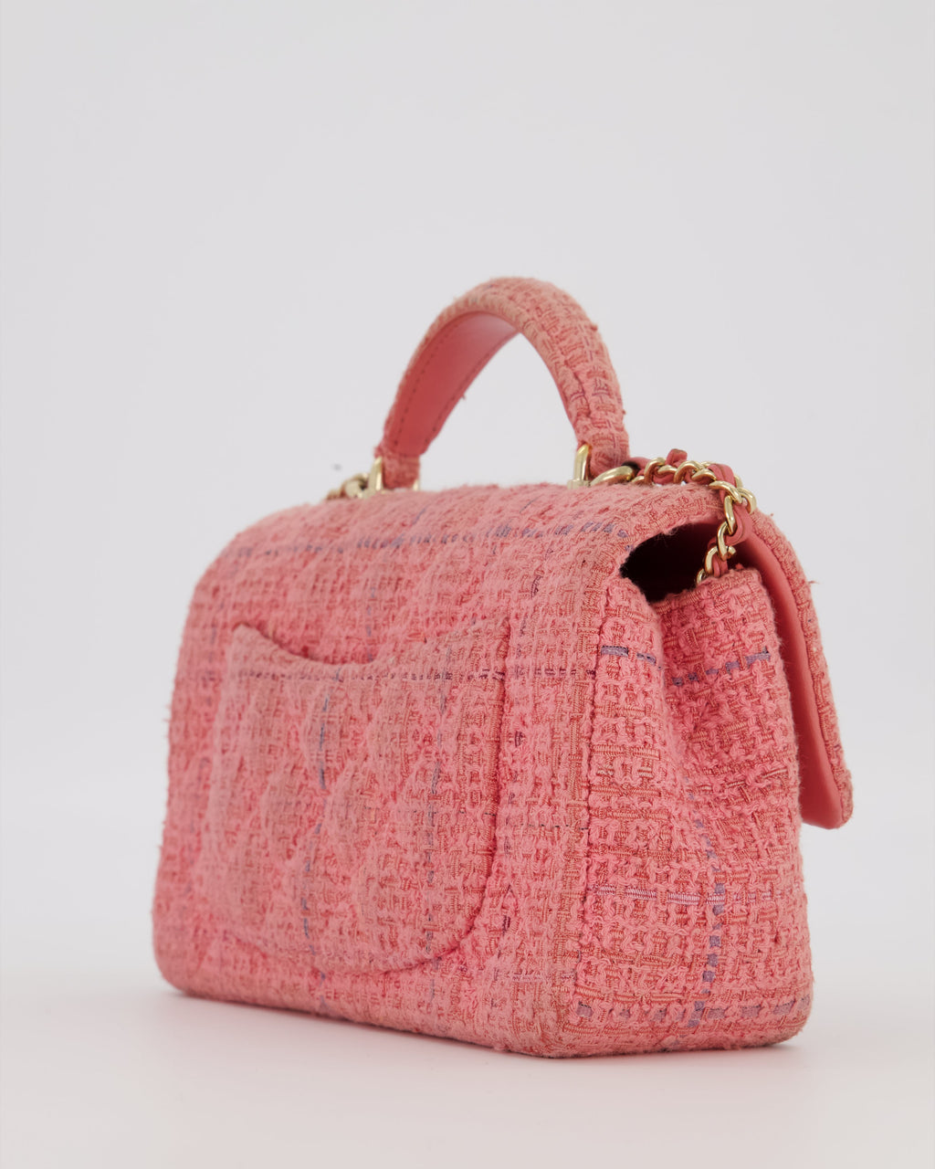 Chanel Top Handle Rectangular Bag in Pink Quilted Tweed with Champagne Gold Hardware
