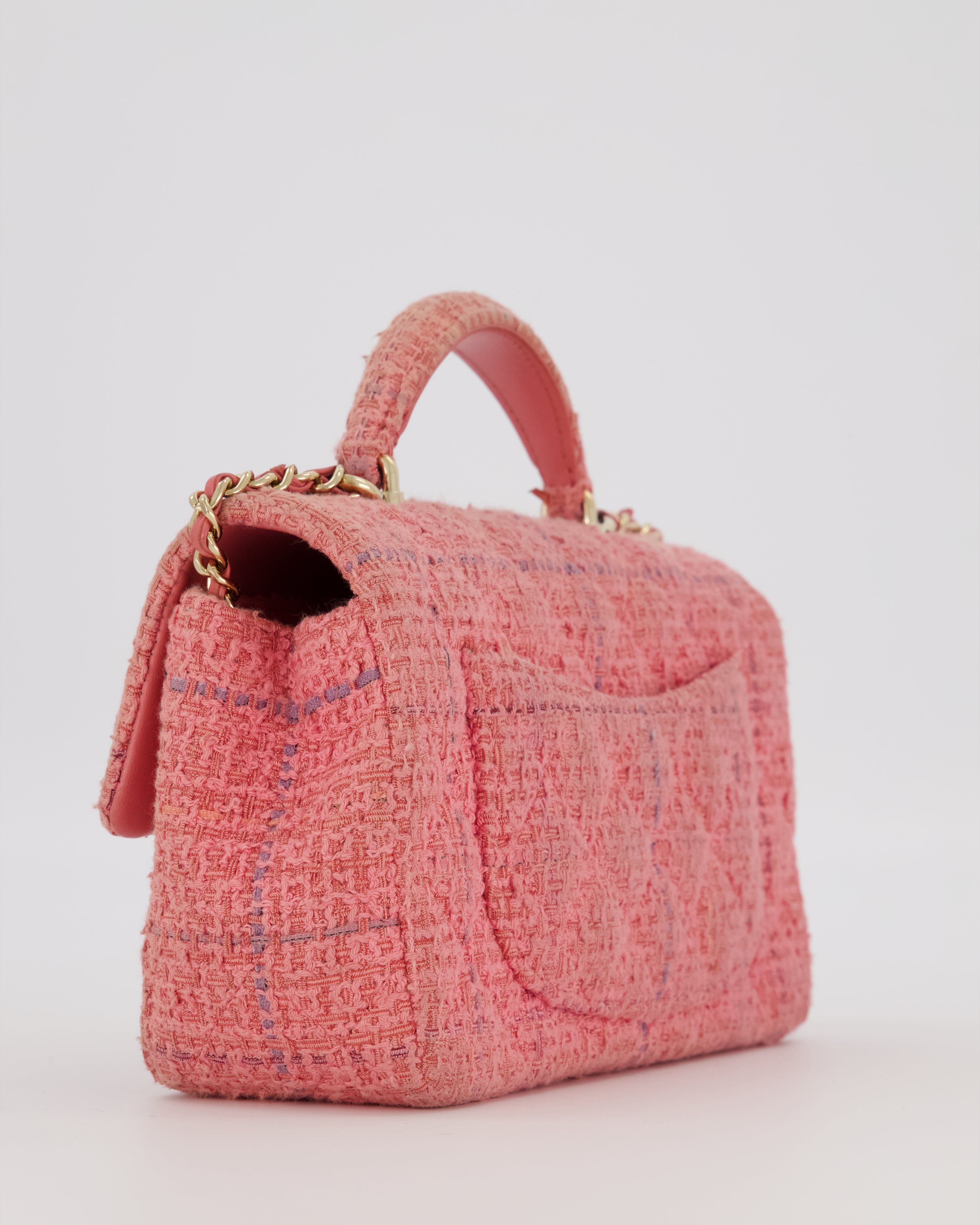 Chanel Top Handle Rectangular Bag in Pink Quilted Tweed with Champagne Gold Hardware