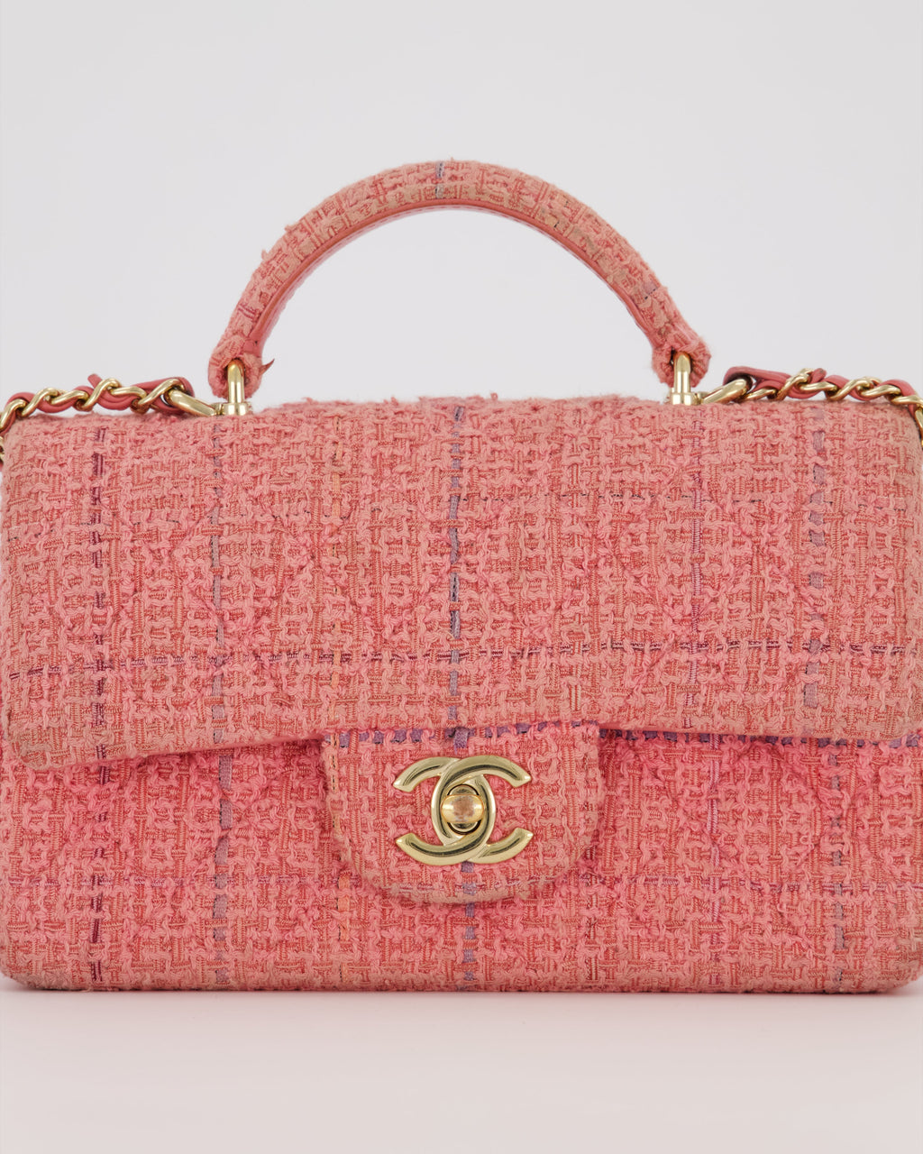 Chanel Top Handle Rectangular Bag in Pink Quilted Tweed with Champagne Gold Hardware