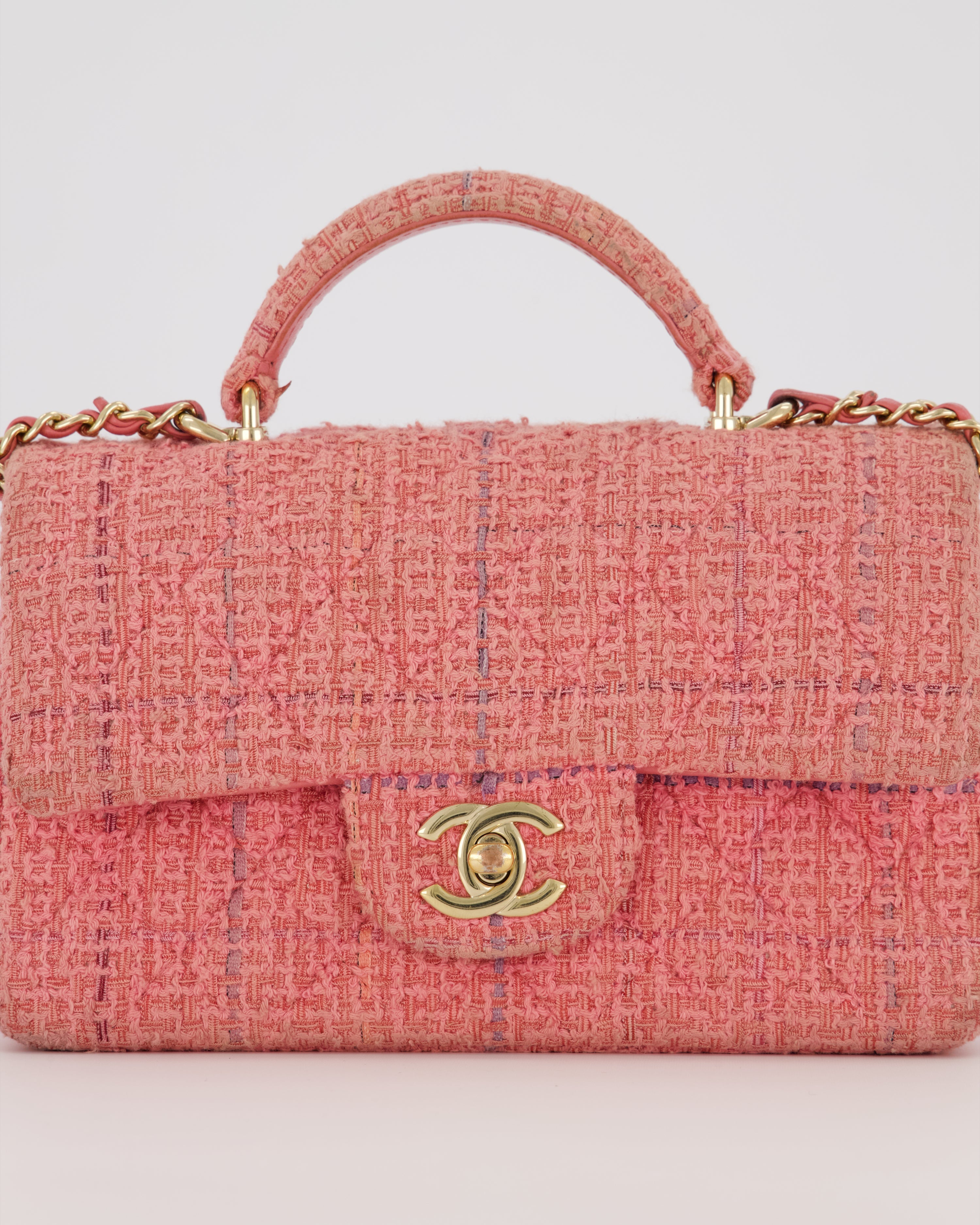 Chanel Top Handle Rectangular Bag in Pink Quilted Tweed with Champagne Gold Hardware