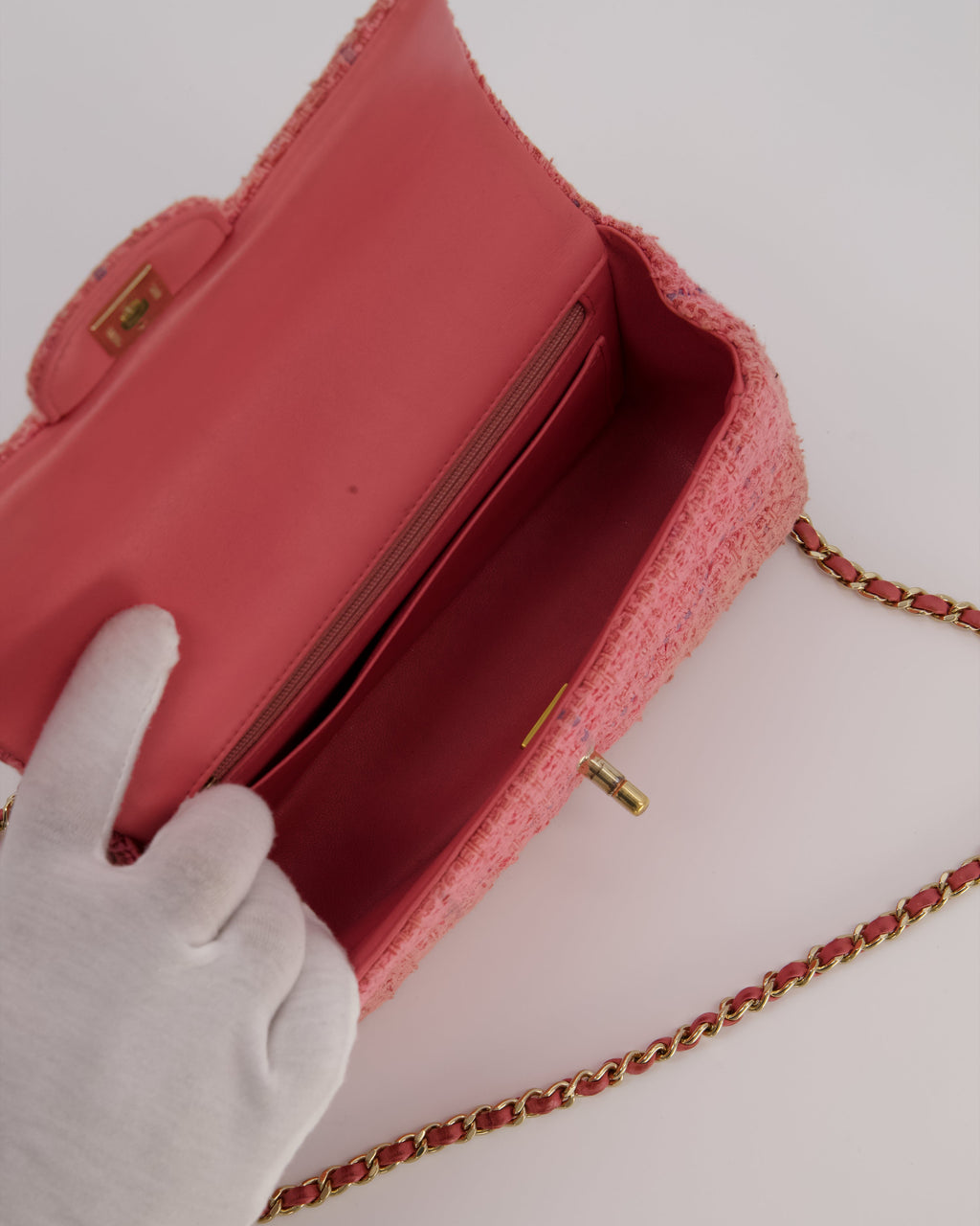 Chanel Top Handle Rectangular Bag in Pink Quilted Tweed with Champagne Gold Hardware