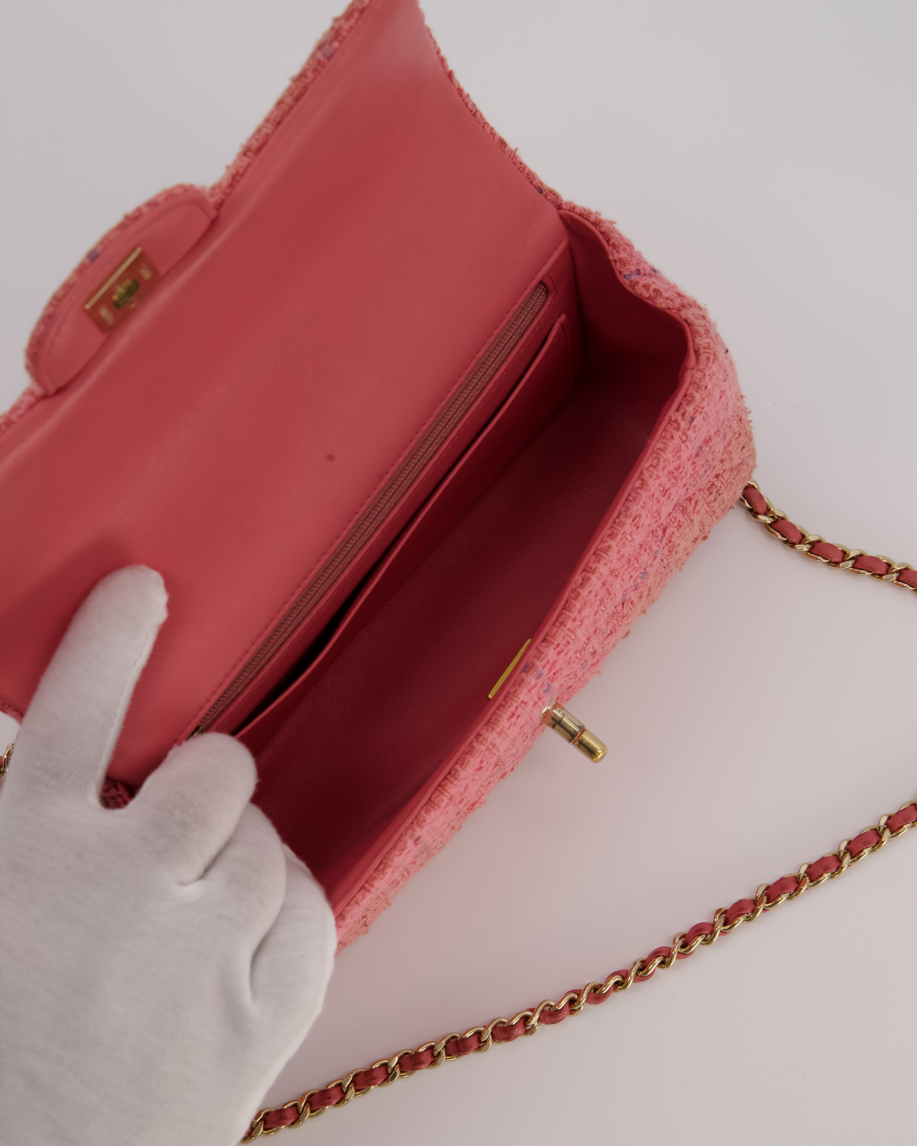 Chanel Top Handle Rectangular Bag in Pink Quilted Tweed with Champagne Gold Hardware