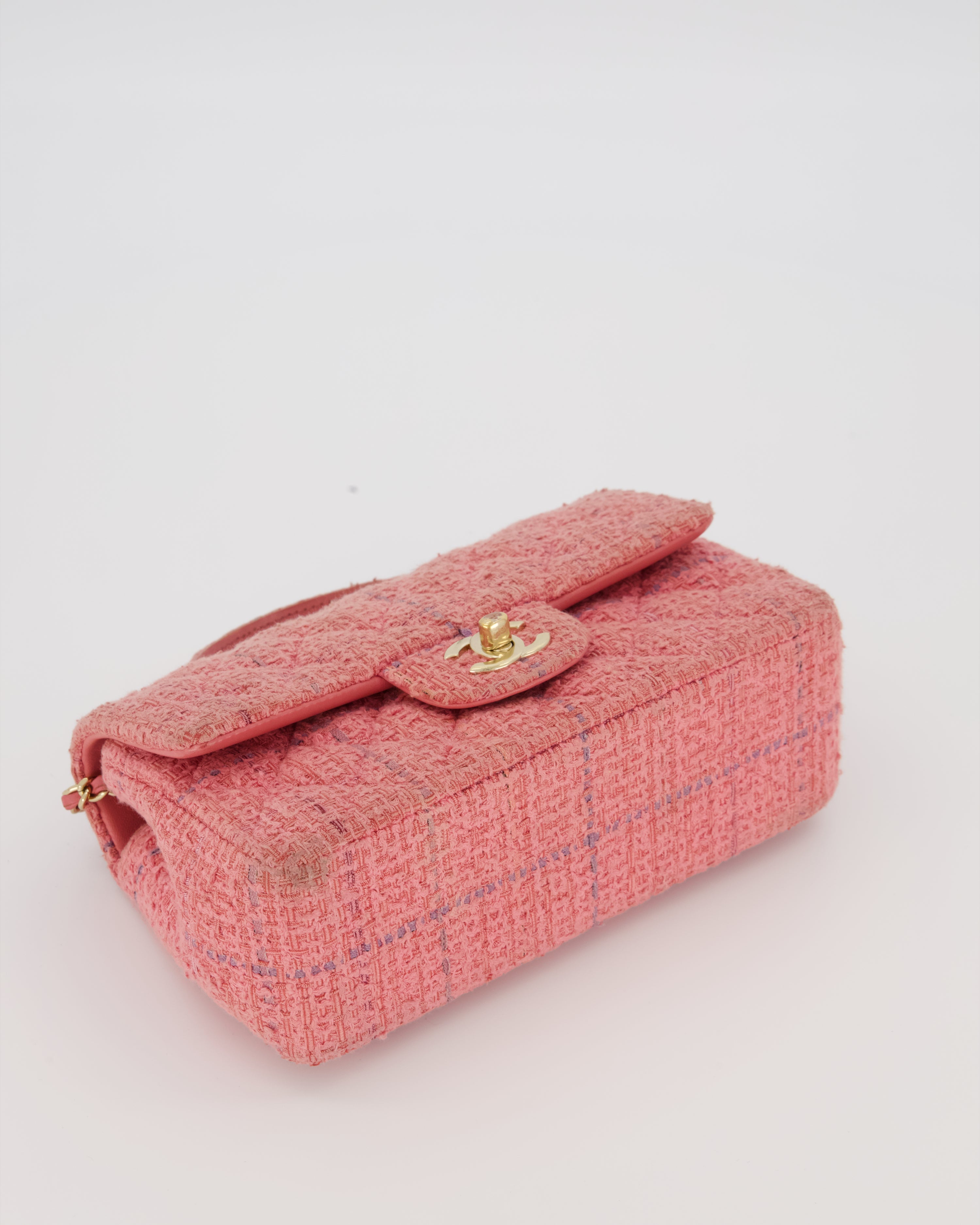 Chanel Top Handle Rectangular Bag in Pink Quilted Tweed with Champagne Gold Hardware