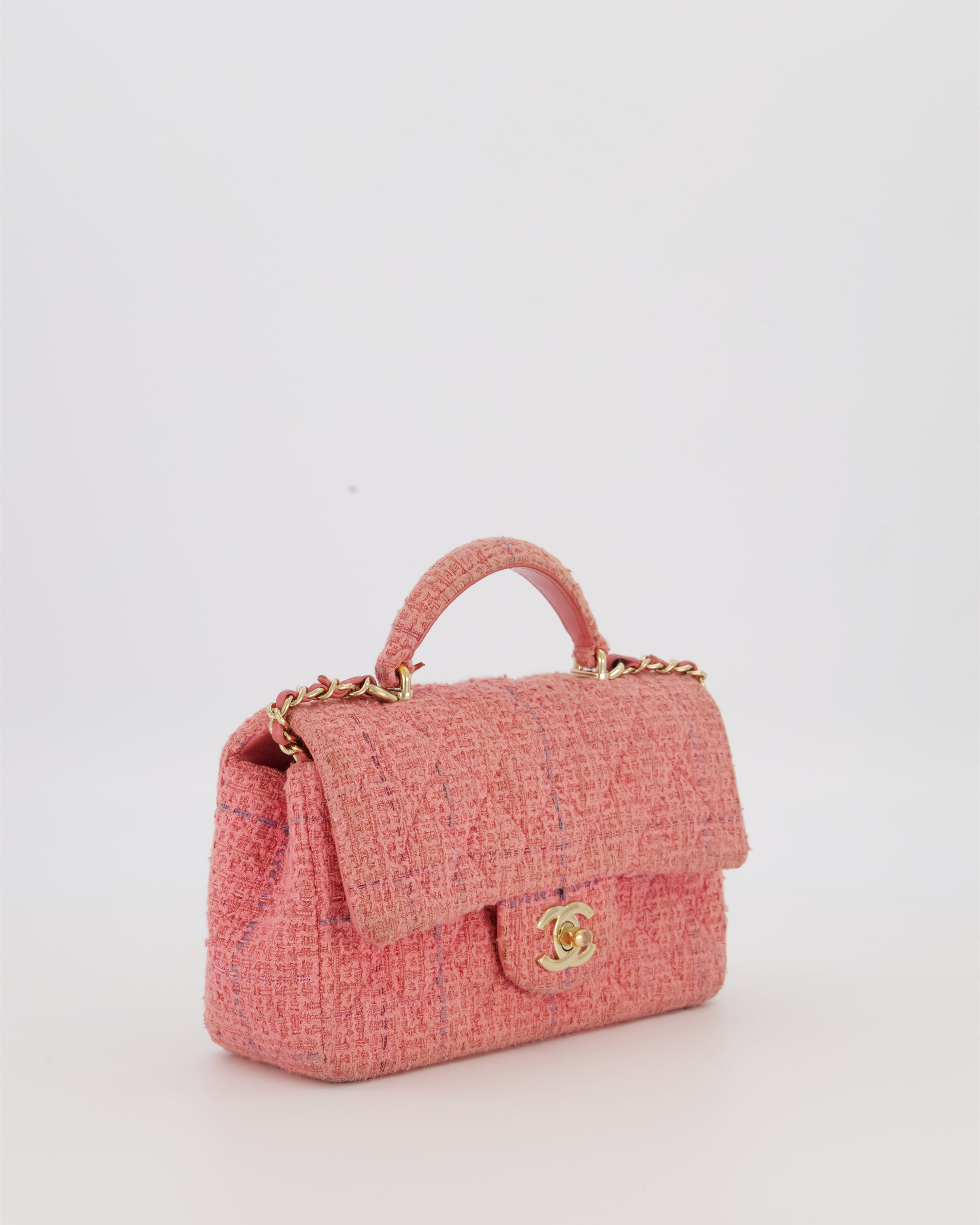 Chanel Top Handle Rectangular Bag in Pink Quilted Tweed with Champagne Gold Hardware