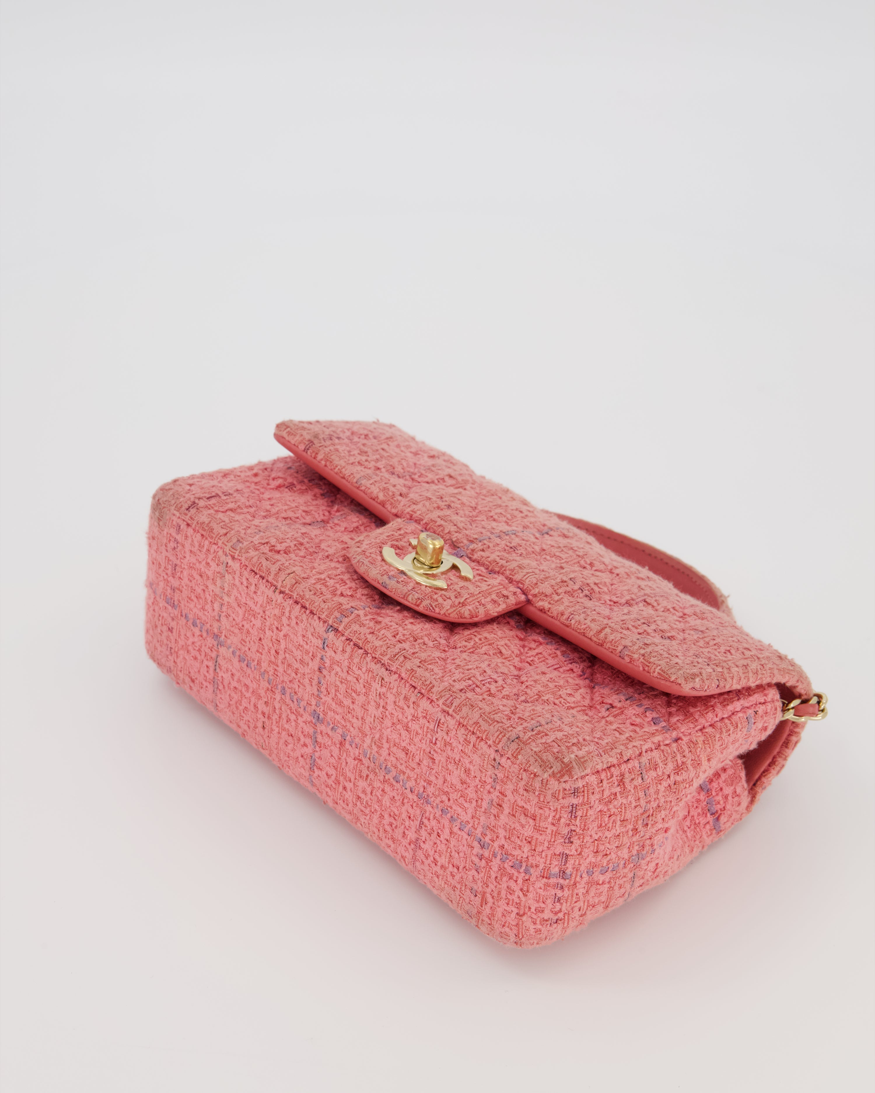 Chanel Top Handle Rectangular Bag in Pink Quilted Tweed with Champagne Gold Hardware