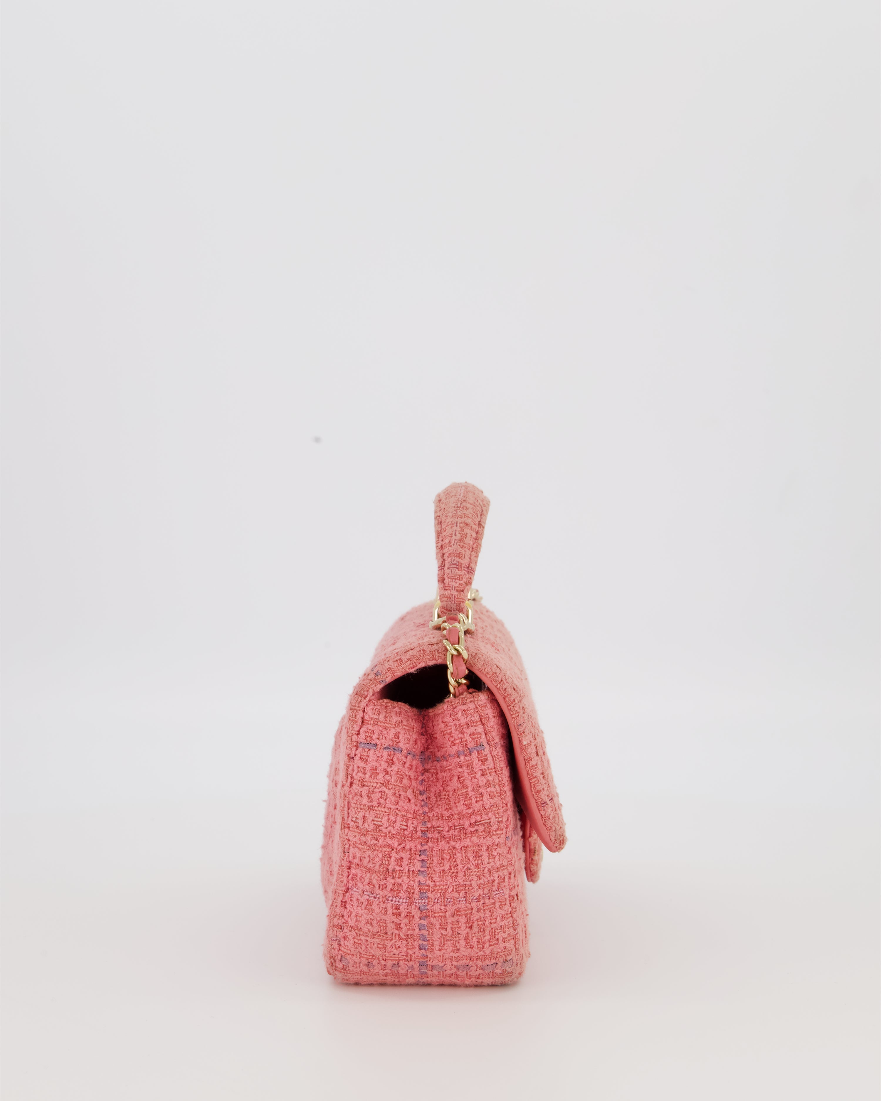 Chanel Top Handle Rectangular Bag in Pink Quilted Tweed with Champagne Gold Hardware