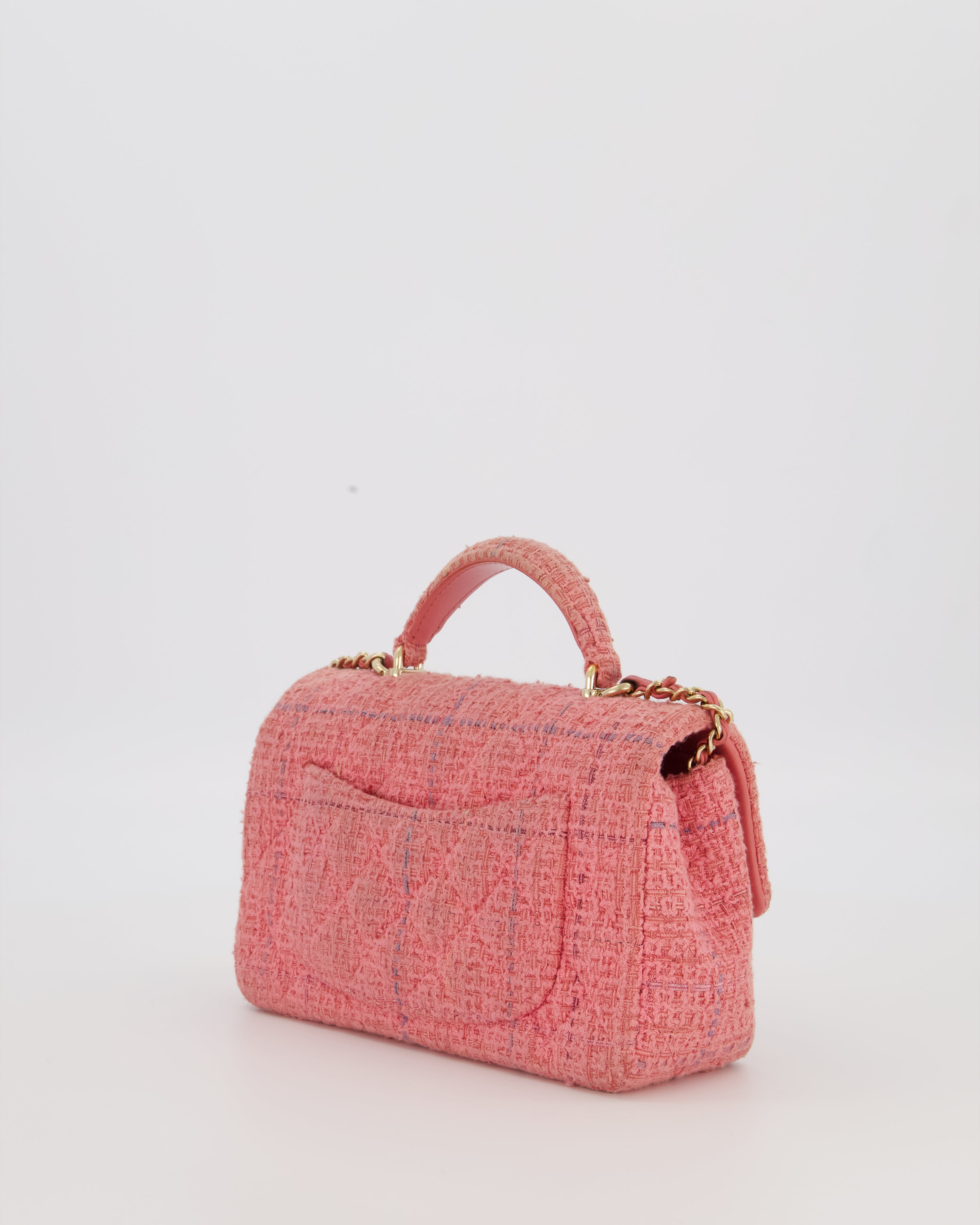 Chanel Top Handle Rectangular Bag in Pink Quilted Tweed with Champagne Gold Hardware
