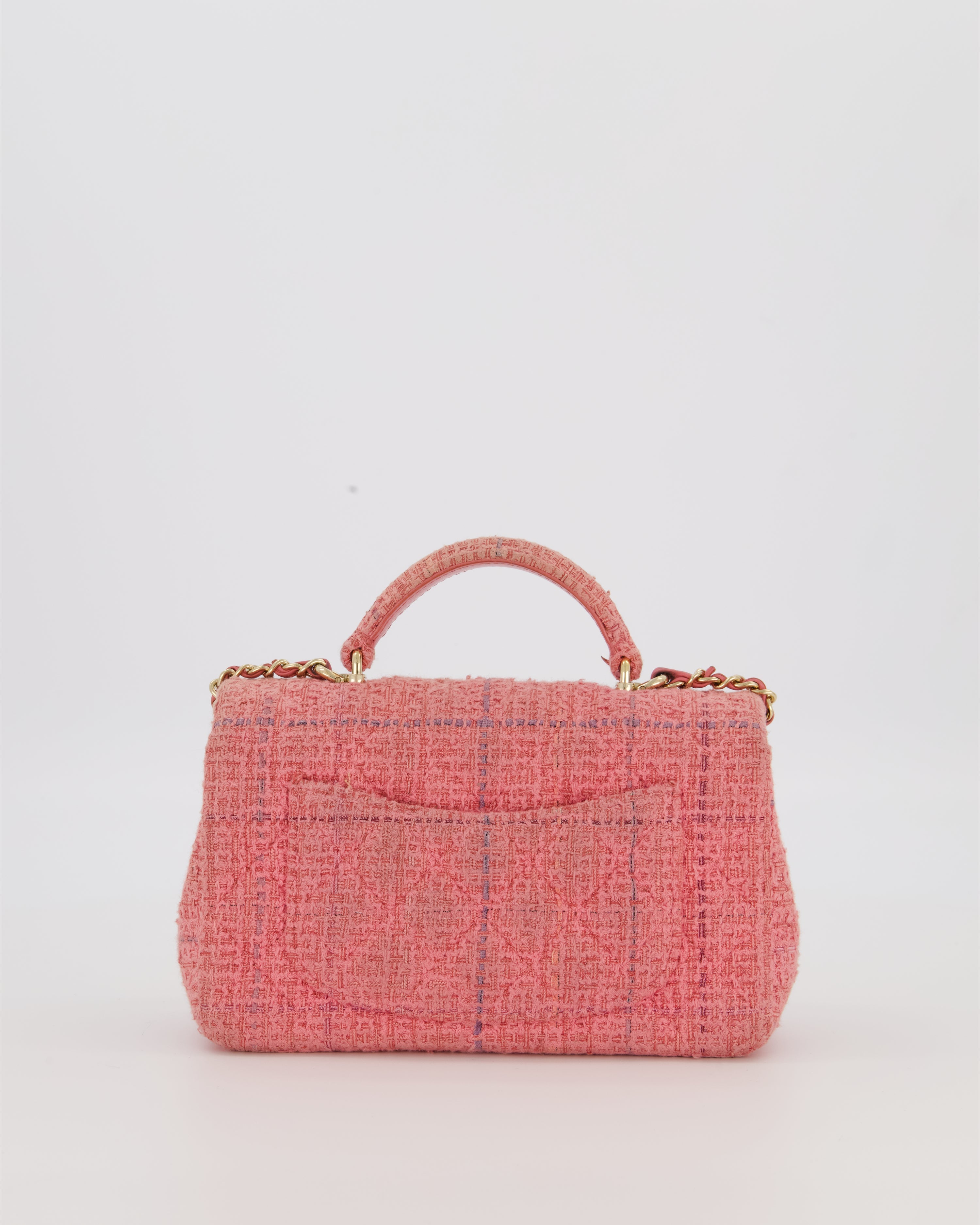 Chanel Top Handle Rectangular Bag in Pink Quilted Tweed with Champagne Gold Hardware