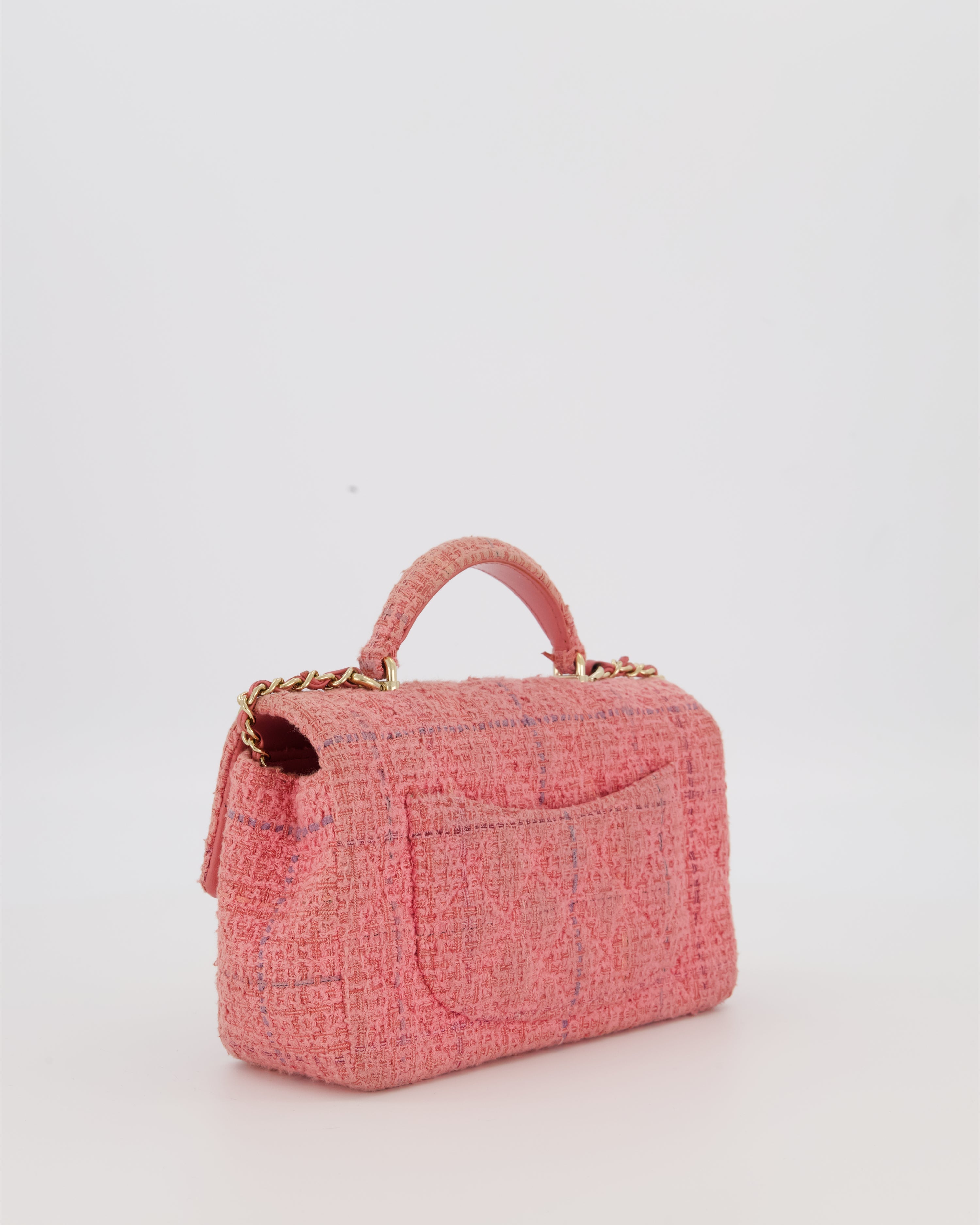 Chanel Top Handle Rectangular Bag in Pink Quilted Tweed with Champagne Gold Hardware