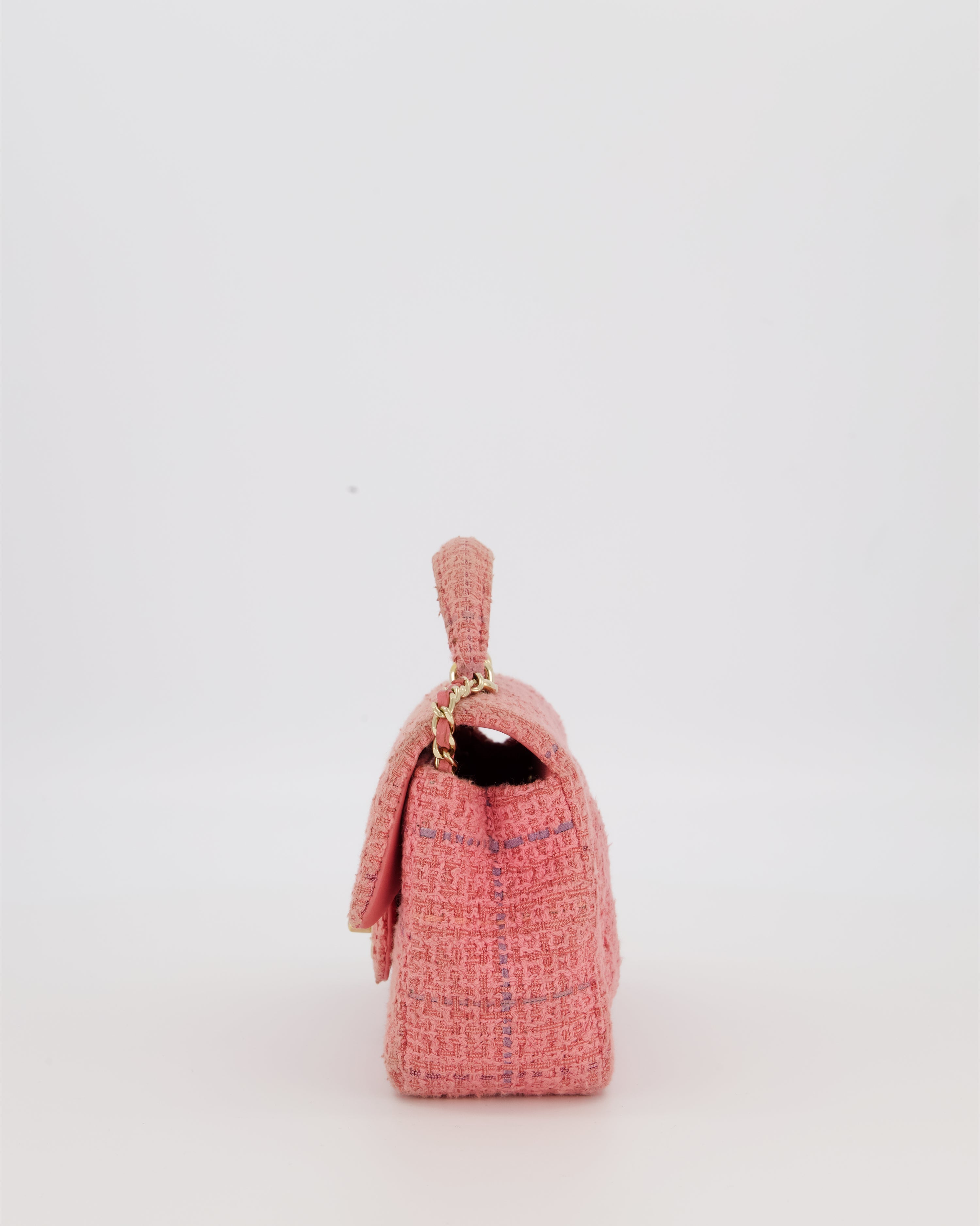 Chanel Top Handle Rectangular Bag in Pink Quilted Tweed with Champagne Gold Hardware