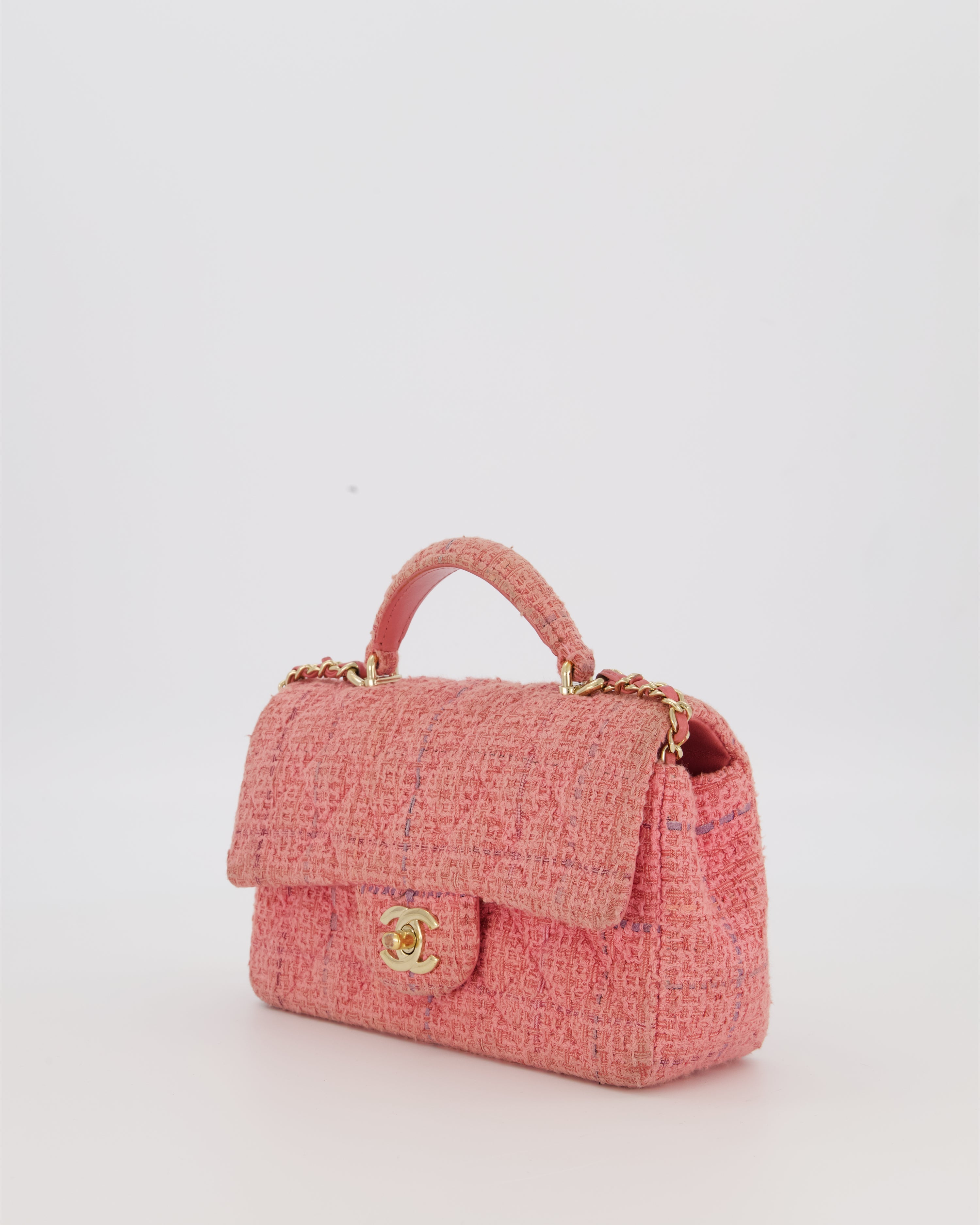 Chanel Top Handle Rectangular Bag in Pink Quilted Tweed with Champagne Gold Hardware