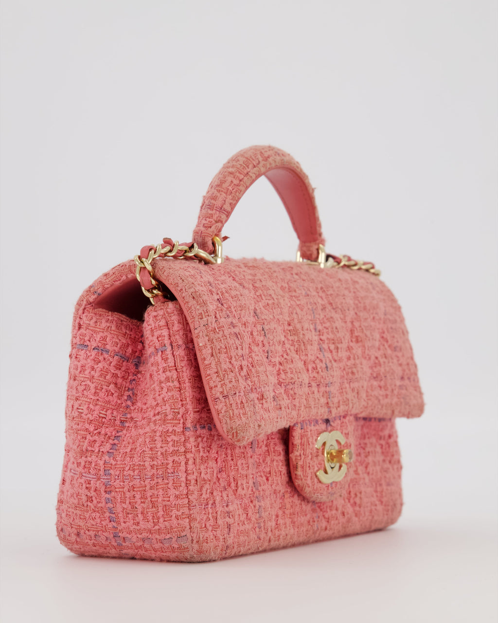 Chanel Top Handle Rectangular Bag in Pink Quilted Tweed with Champagne Gold Hardware