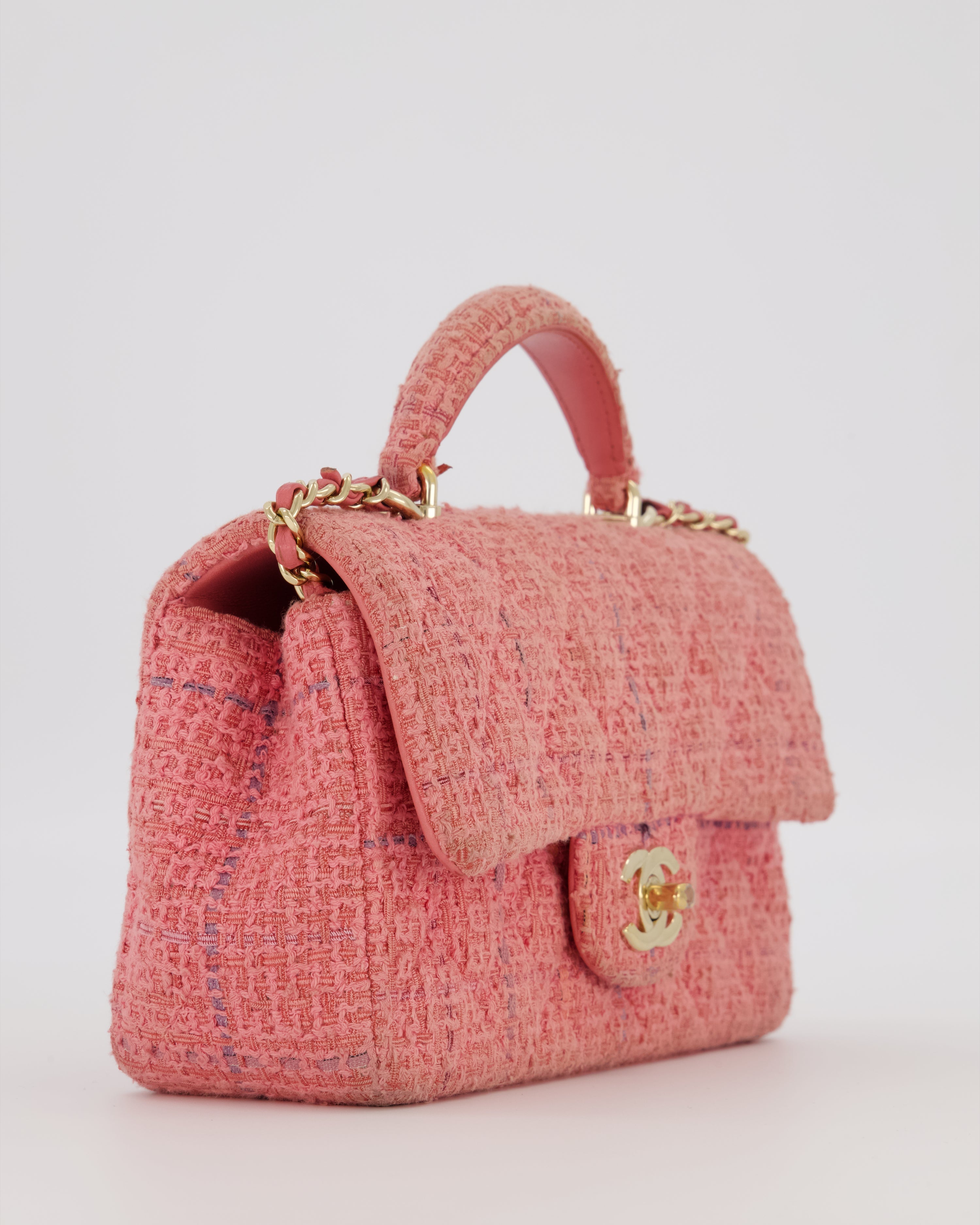 Chanel Top Handle Rectangular Bag in Pink Quilted Tweed with Champagne Gold Hardware