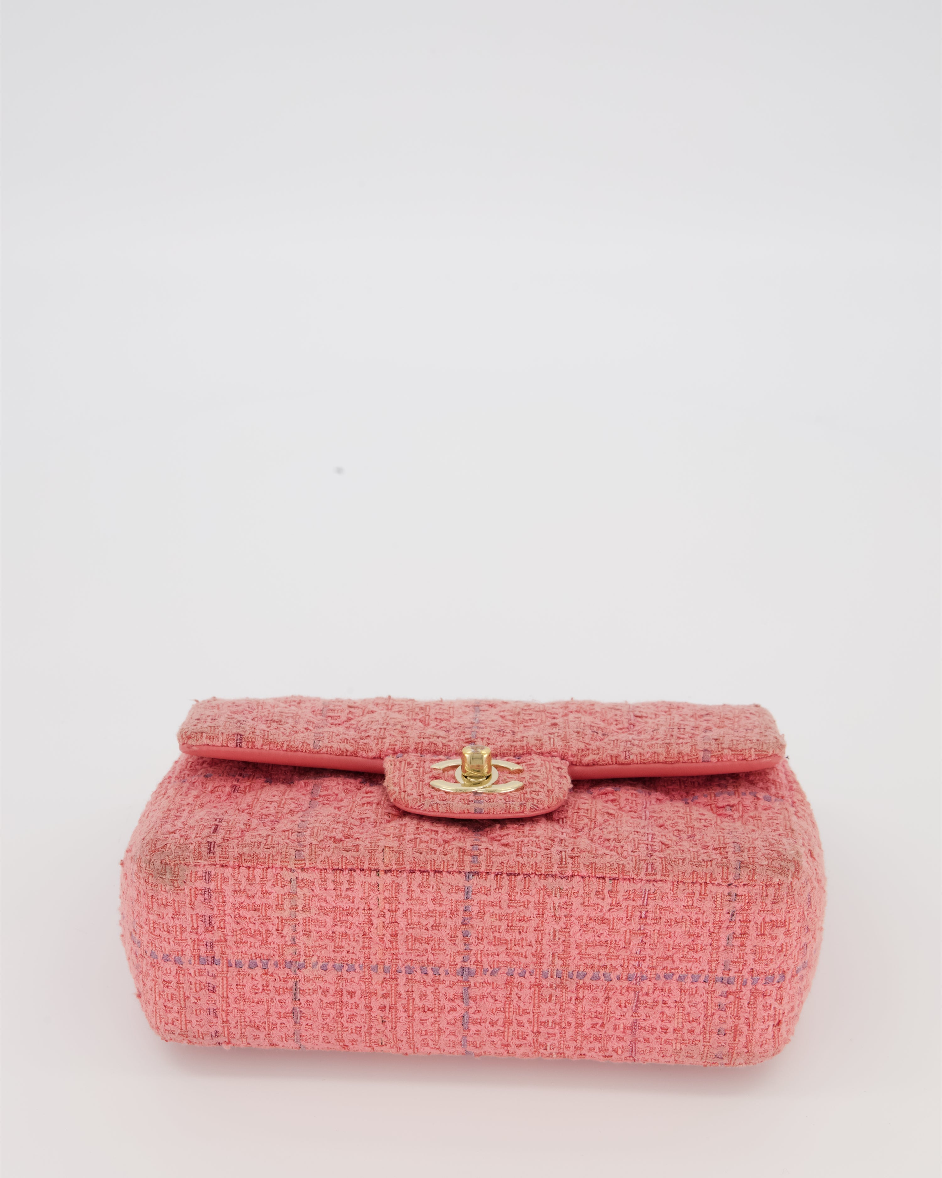 Chanel Top Handle Rectangular Bag in Pink Quilted Tweed with Champagne Gold Hardware