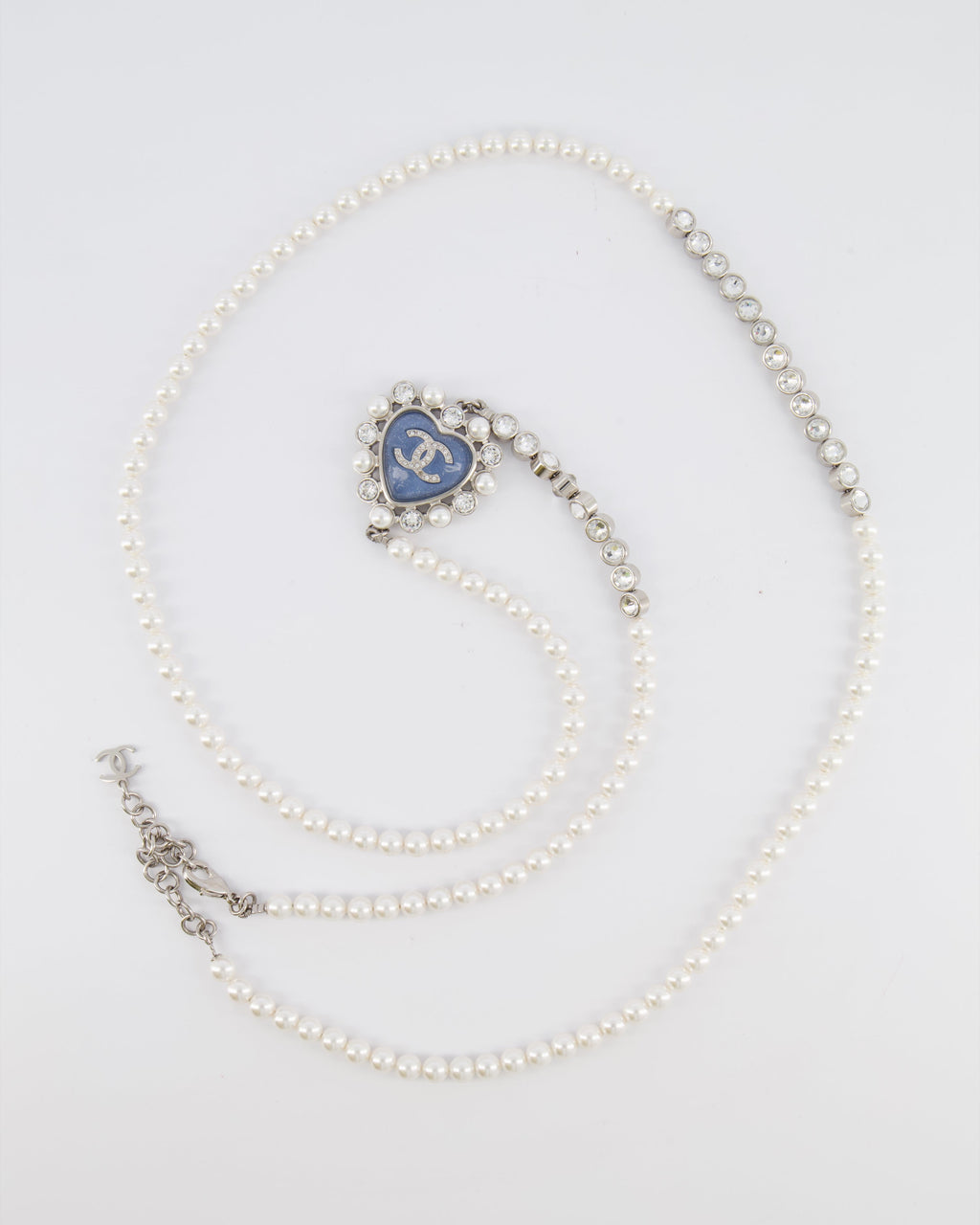 Chanel 25B Pearl Long Necklace with Crystal Embellishments and Blue Heart Crystal CC Logo Detail and Silver Hardware