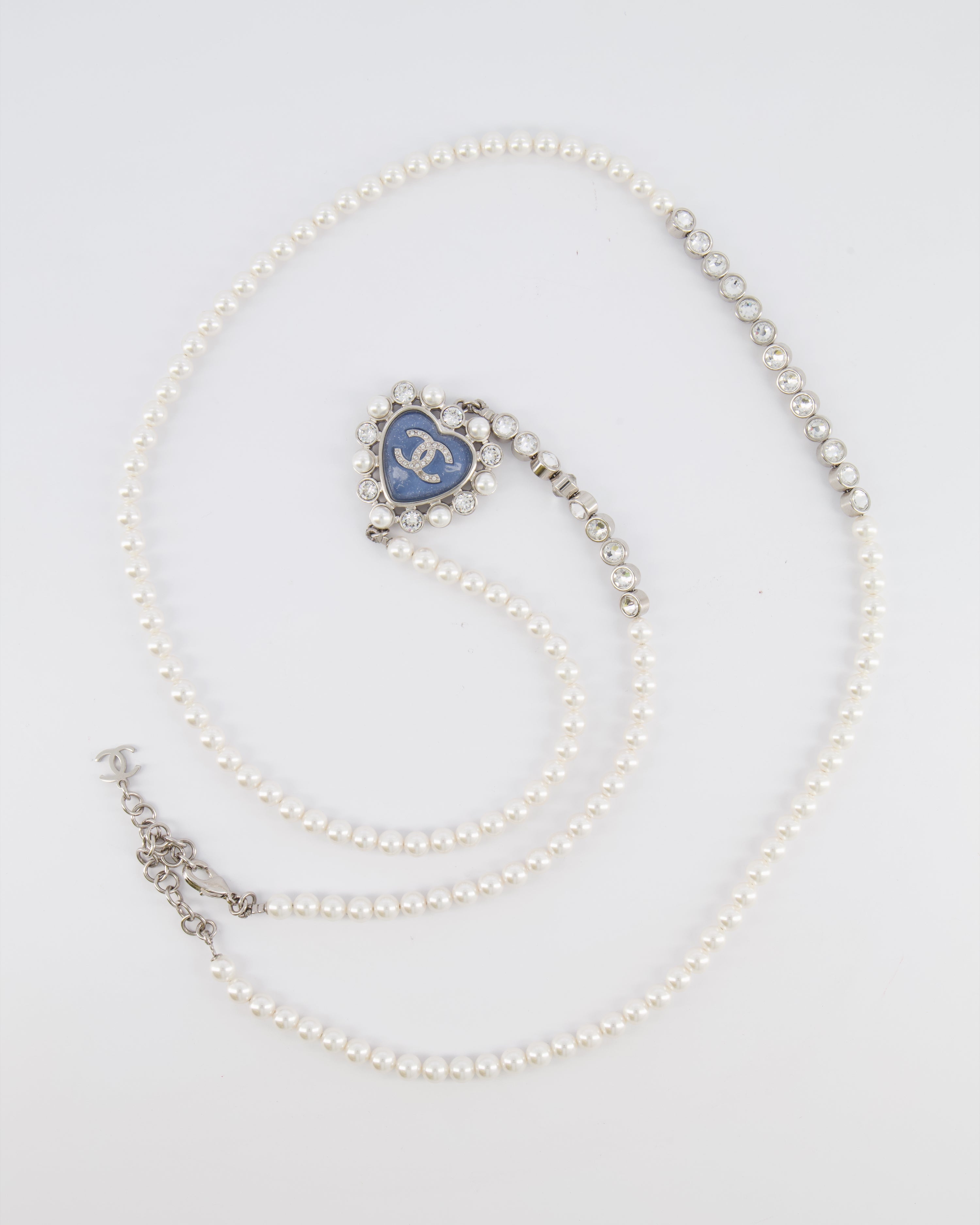 Chanel 25B Pearl Long Necklace with Crystal Embellishments and Blue Heart Crystal CC Logo Detail and Silver Hardware