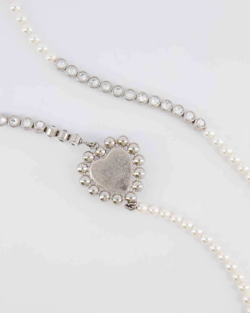 Chanel 25B Pearl Long Necklace with Crystal Embellishments and Blue Heart Crystal CC Logo Detail and Silver Hardware