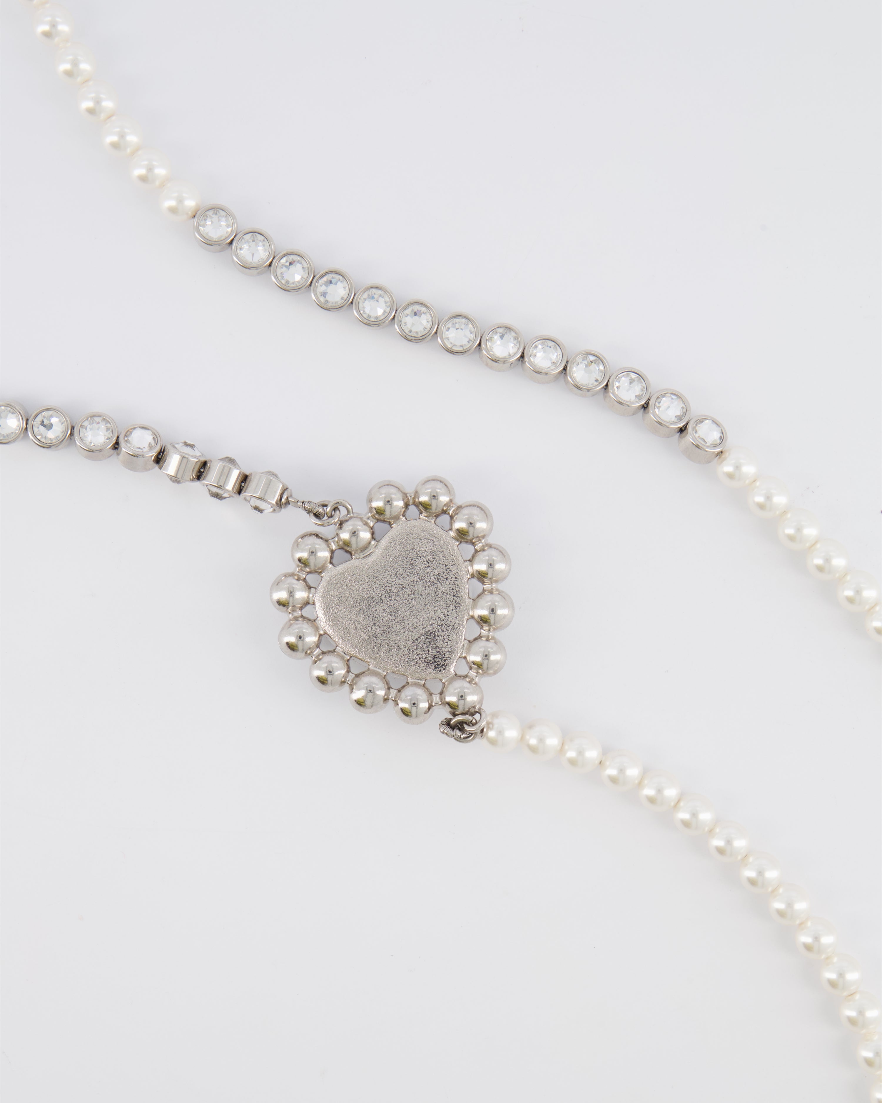 Chanel 25B Pearl Long Necklace with Crystal Embellishments and Blue Heart Crystal CC Logo Detail and Silver Hardware