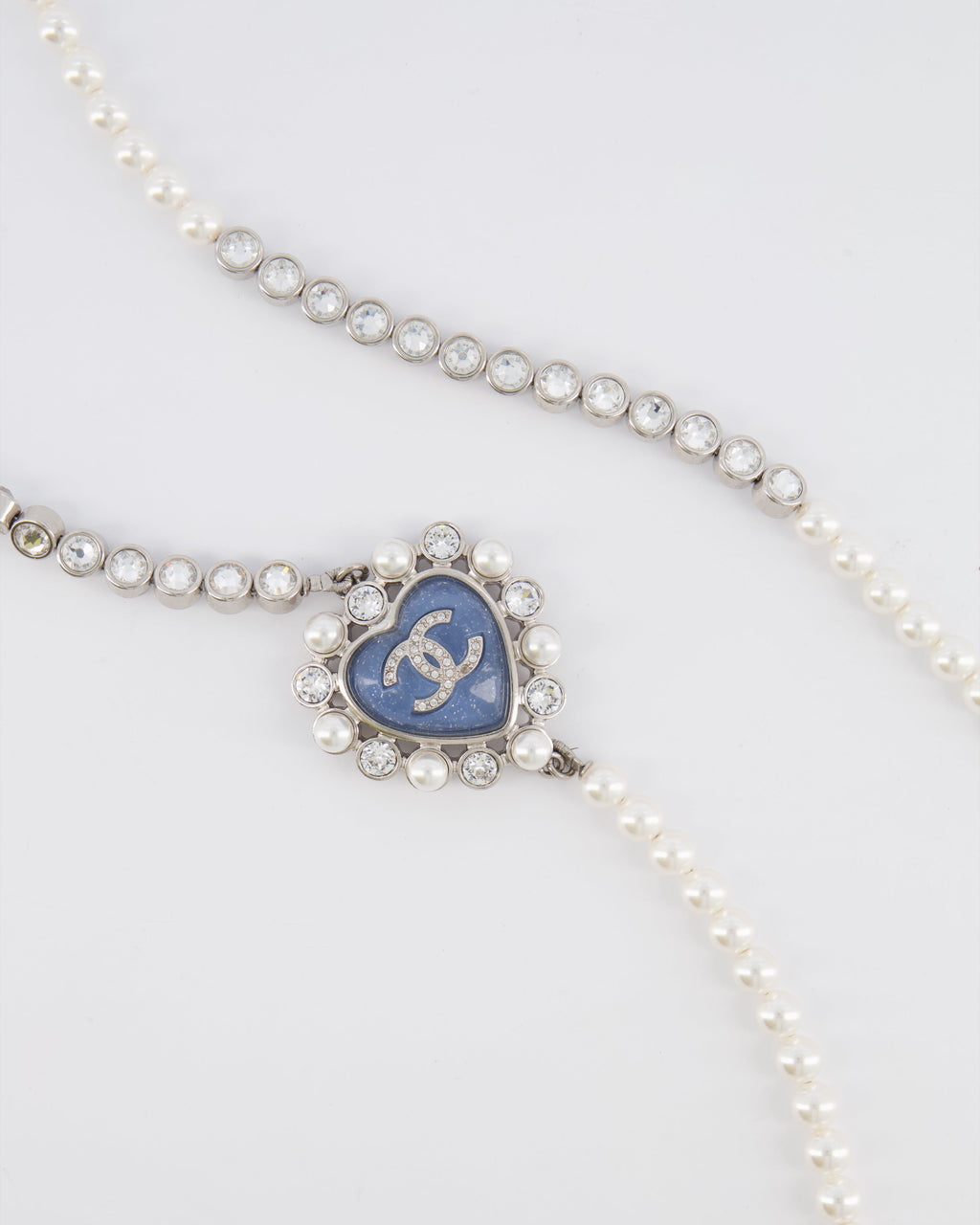 Chanel 25B Pearl Long Necklace with Crystal Embellishments and Blue Heart Crystal CC Logo Detail and Silver Hardware