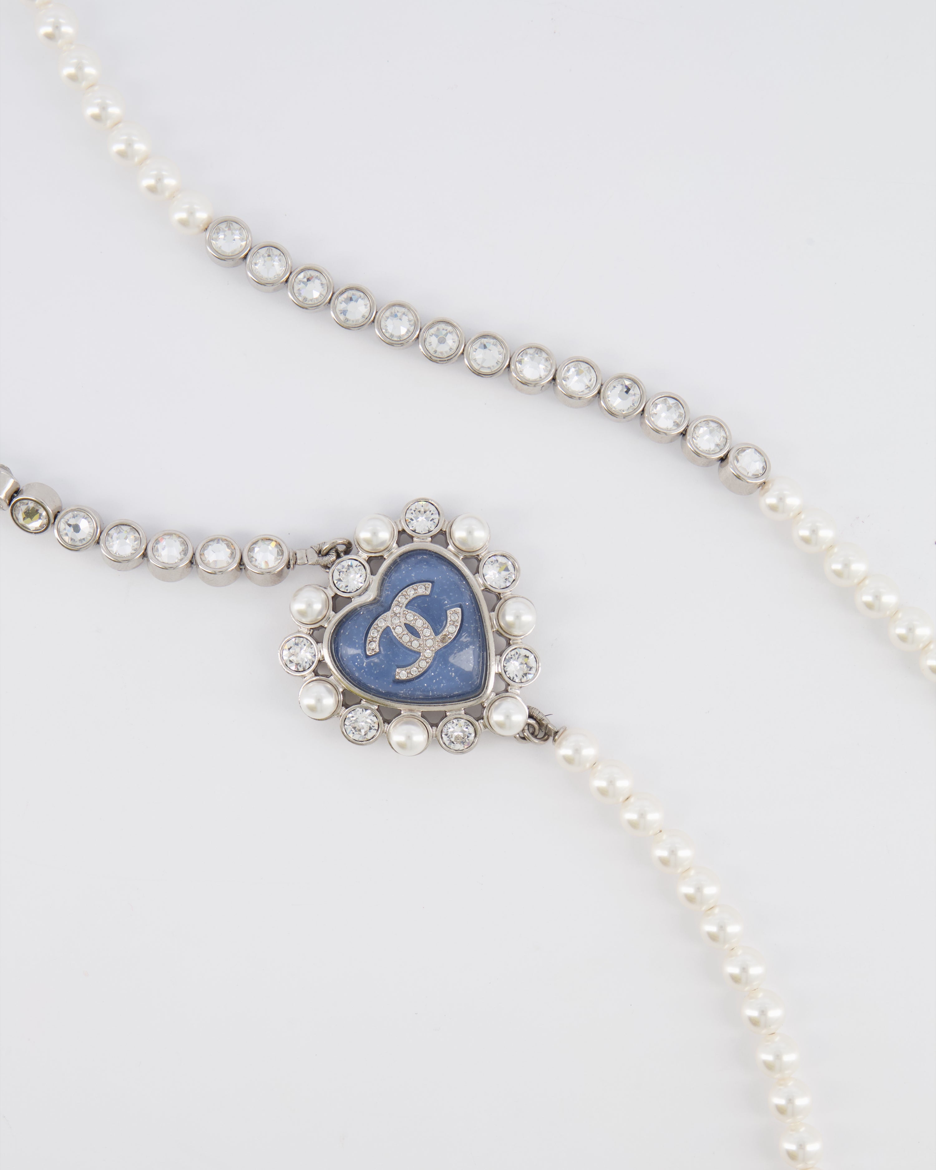 Chanel 25B Pearl Long Necklace with Crystal Embellishments and Blue Heart Crystal CC Logo Detail and Silver Hardware