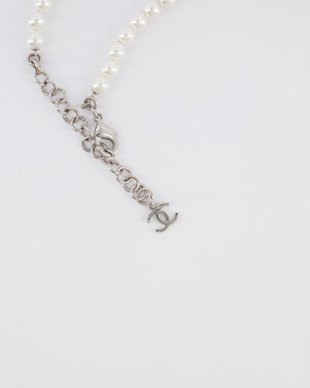 Chanel 25B Pearl Long Necklace with Crystal Embellishments and Blue Heart Crystal CC Logo Detail and Silver Hardware