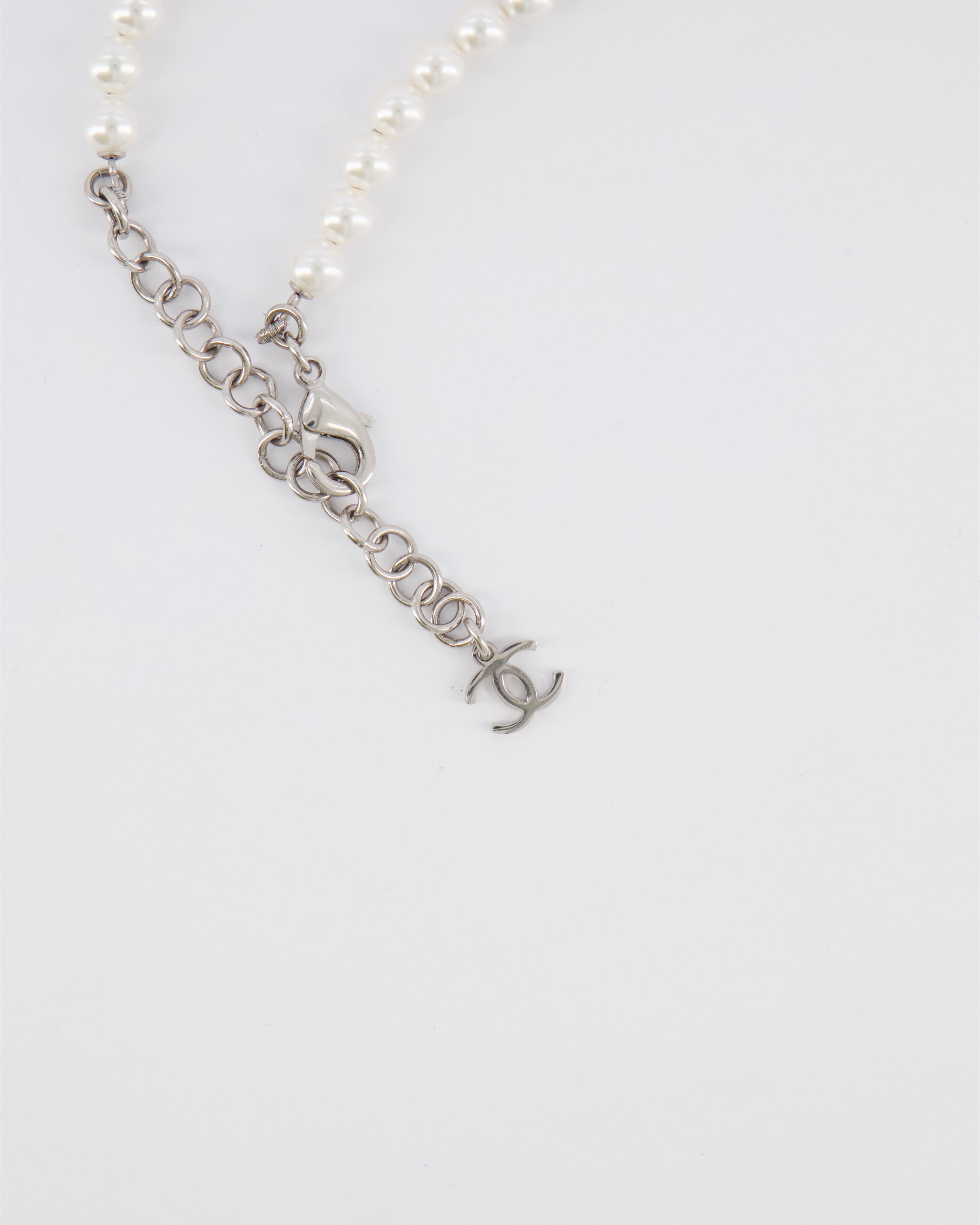 Chanel 25B Pearl Long Necklace with Crystal Embellishments and Blue Heart Crystal CC Logo Detail and Silver Hardware