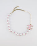 Chanel 25A Pearl Choker with Pink Ribbon Detail and Pink Enamel CC Logo and Champagne Gold Hardware